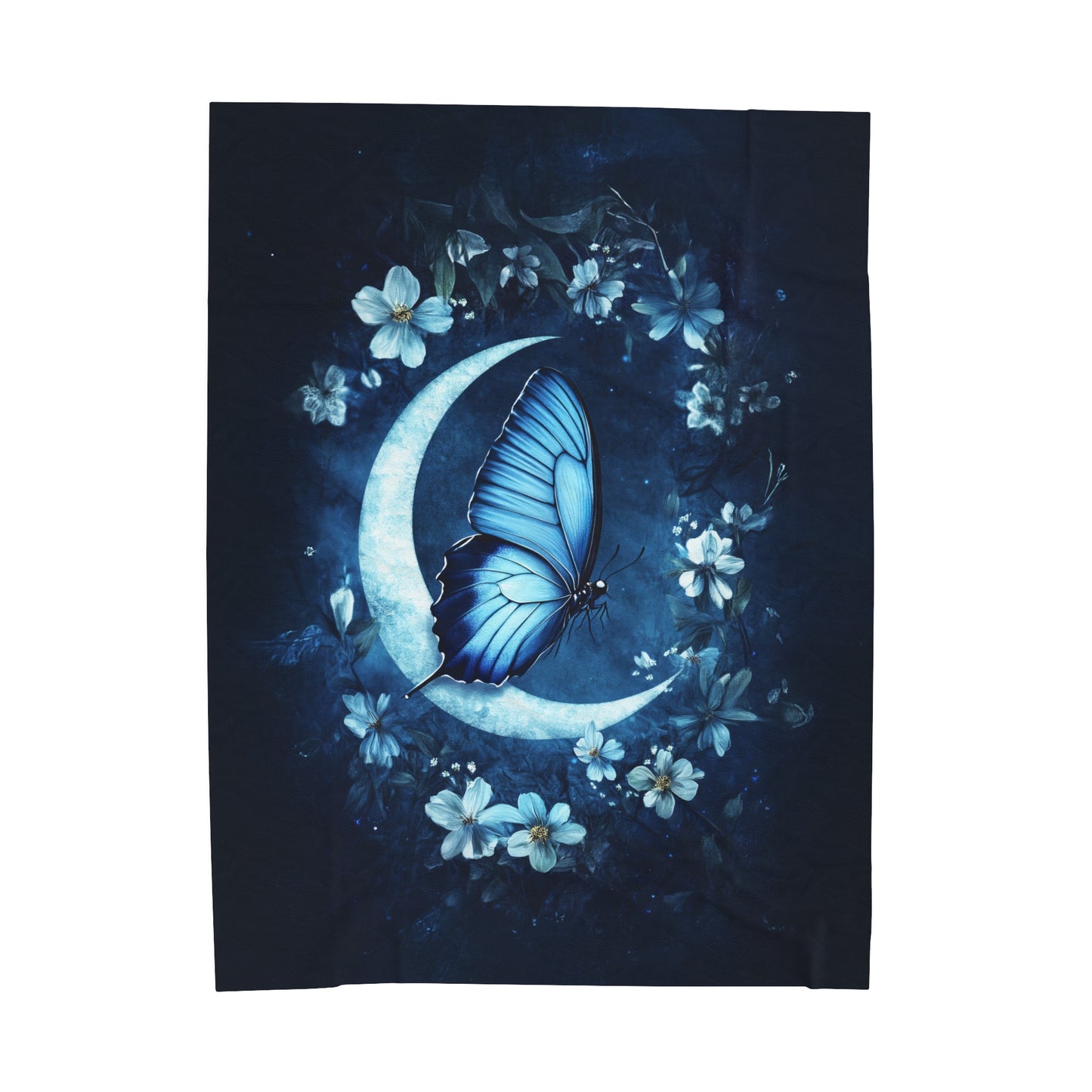 Celestial Blue Butterfly on a Crescent Moon Amidst Starlit Flowers Velveteen Plush Blanket 3 Sizes