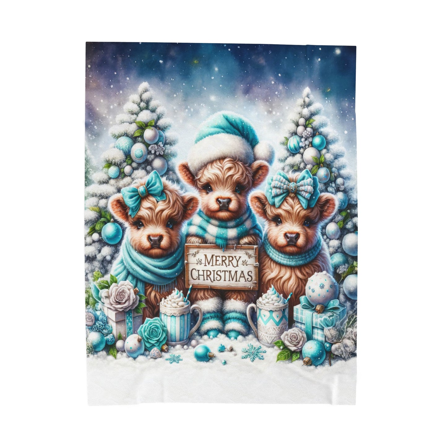 Baby Highland Cows Teal Merry Christmas Velveteen Plush Blanket 3 Sizes