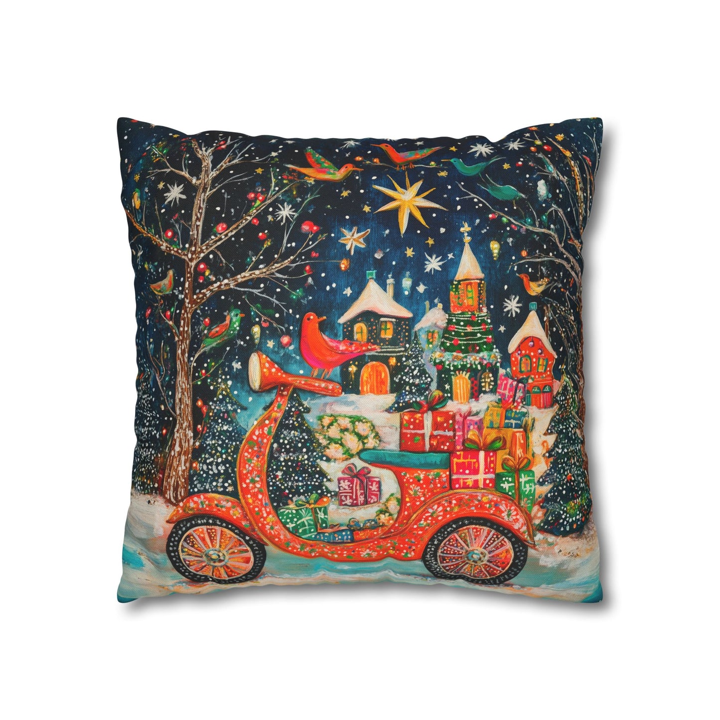 Yuletide Express Festive Scooter Filled with Gifts Spun Polyester Square Pillowcase 4 Sizes