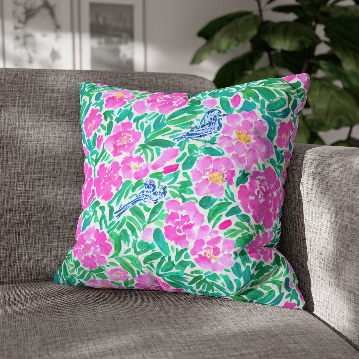 Springtime Whispers: Tiny Birds and Pink Blooms, Subtle Blue Accents, and Lush Green Leaves Spun Polyester Square Pillowcase 4 Sizes