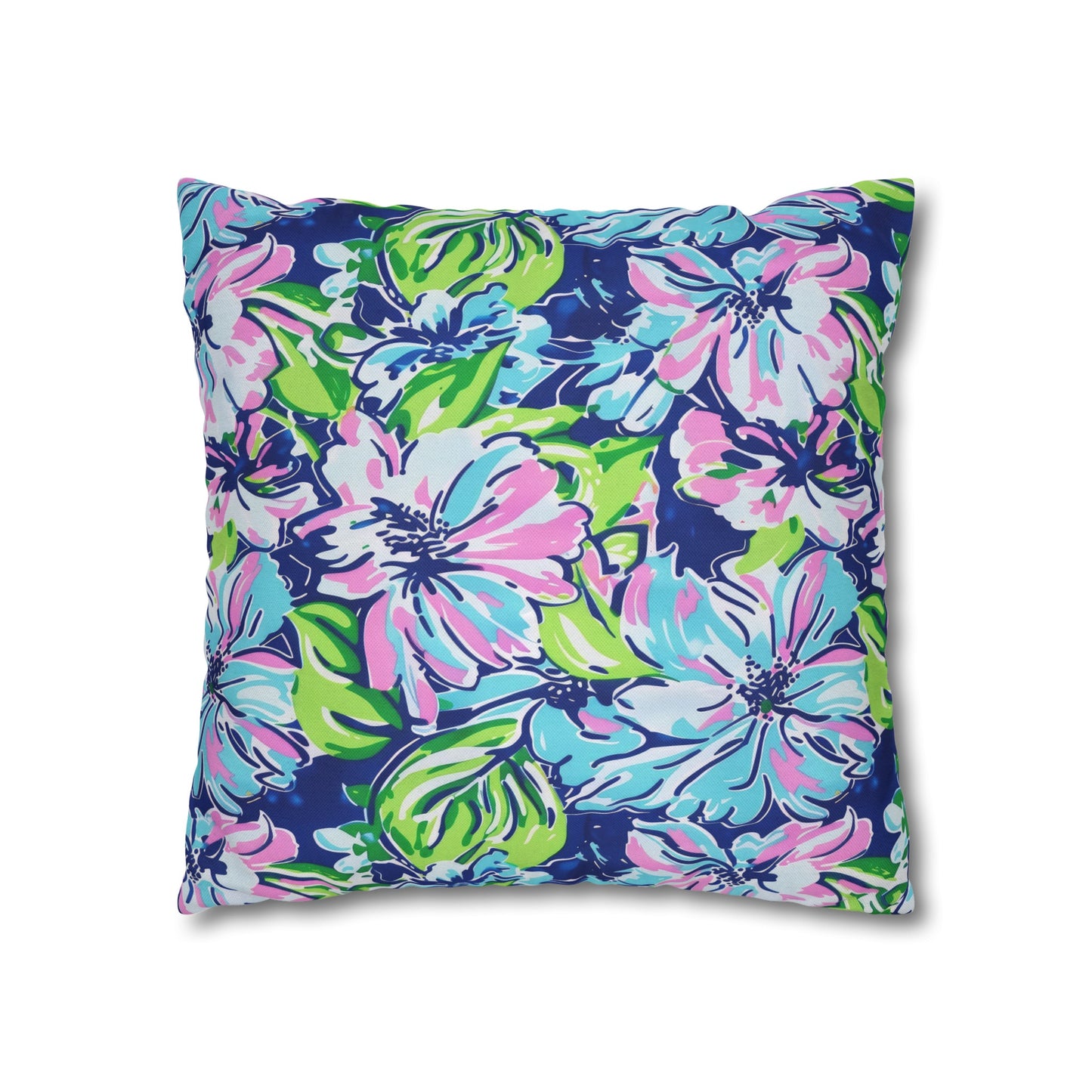 Seaside Coastal Pink, Navy, and Green Tropical Blooms Spun Polyester Square Pillowcase 4 Sizes