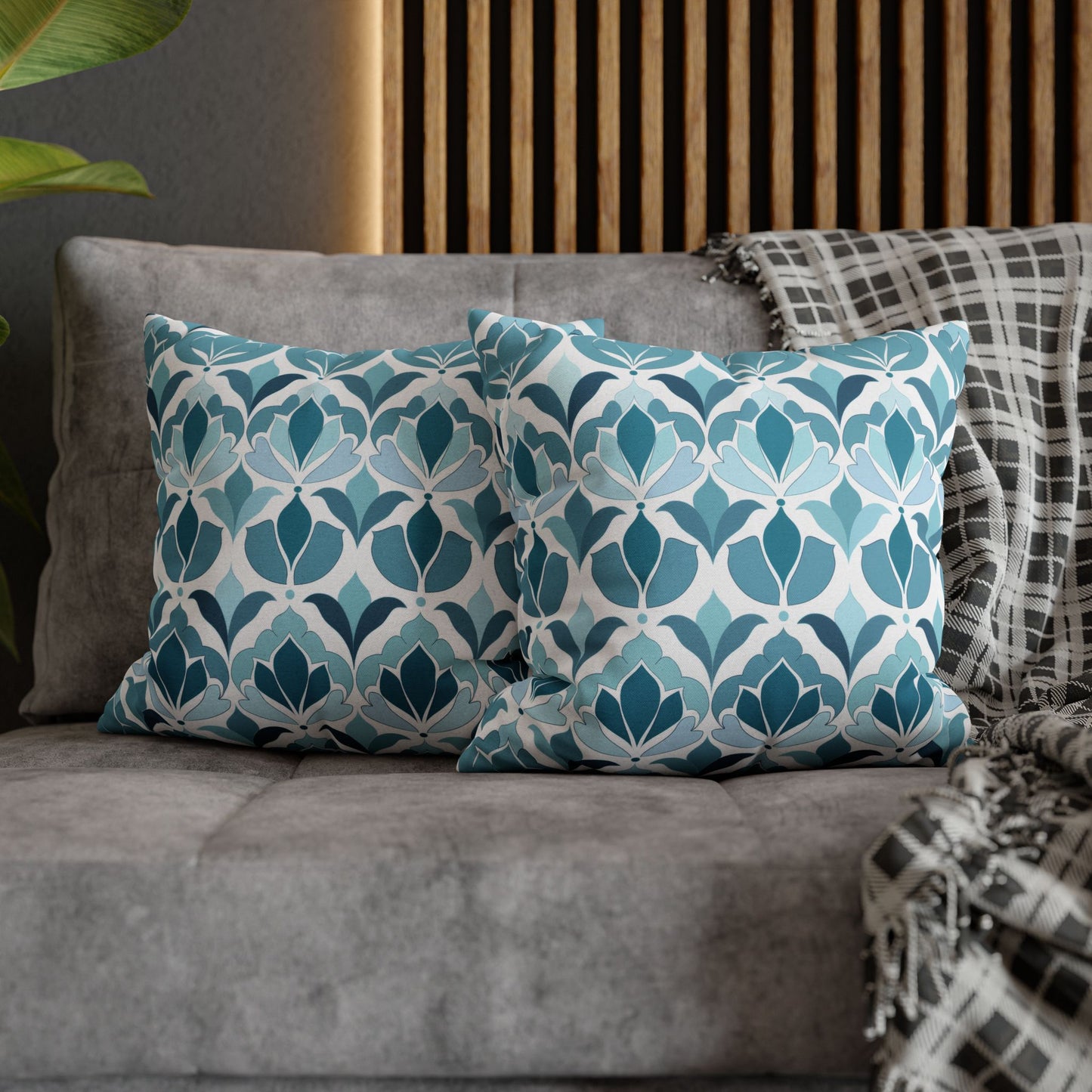 Serene Floral Pattern in Shades of Aqua and Teal, Forming Graceful Botanical Motifs Spun Polyester Square Pillowcase 4 Sizes