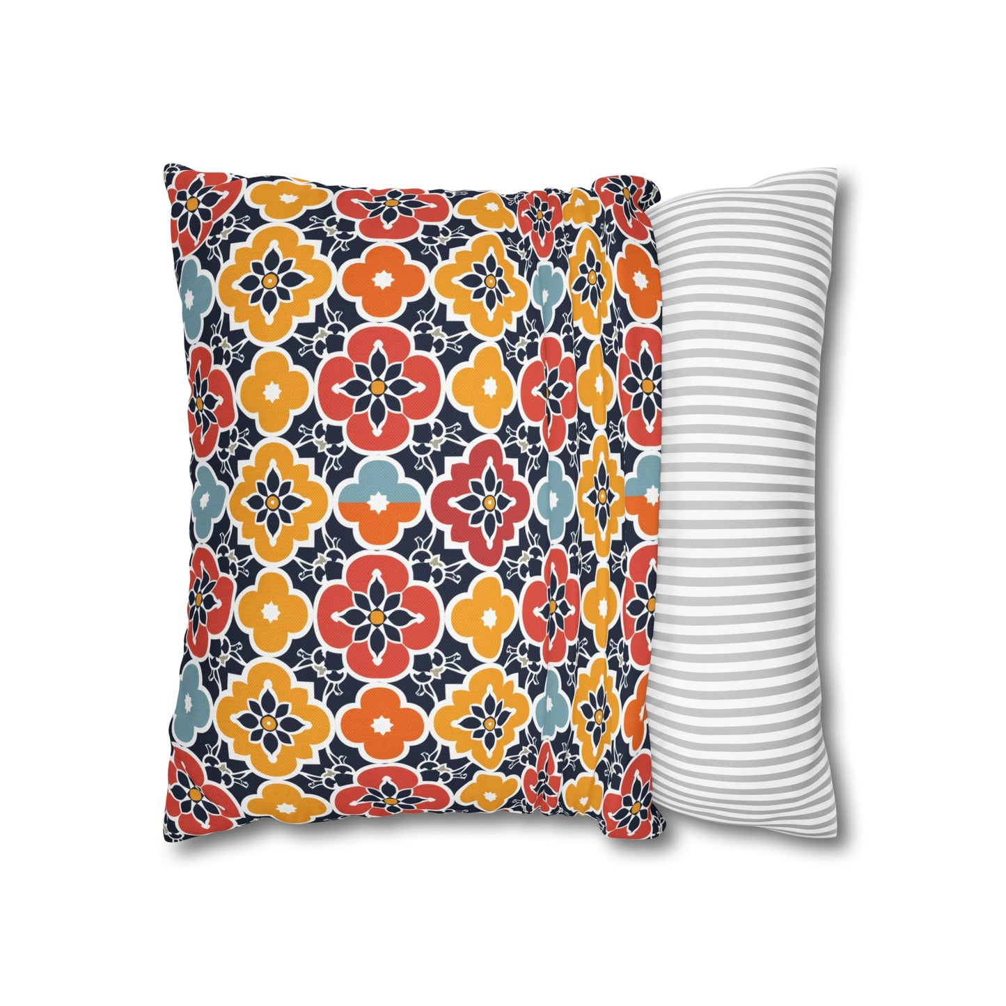 Vibrant Moroccan Orange, Gold and Blue Tile Pattern Spun Polyester Square Pillowcase 4 Sizes