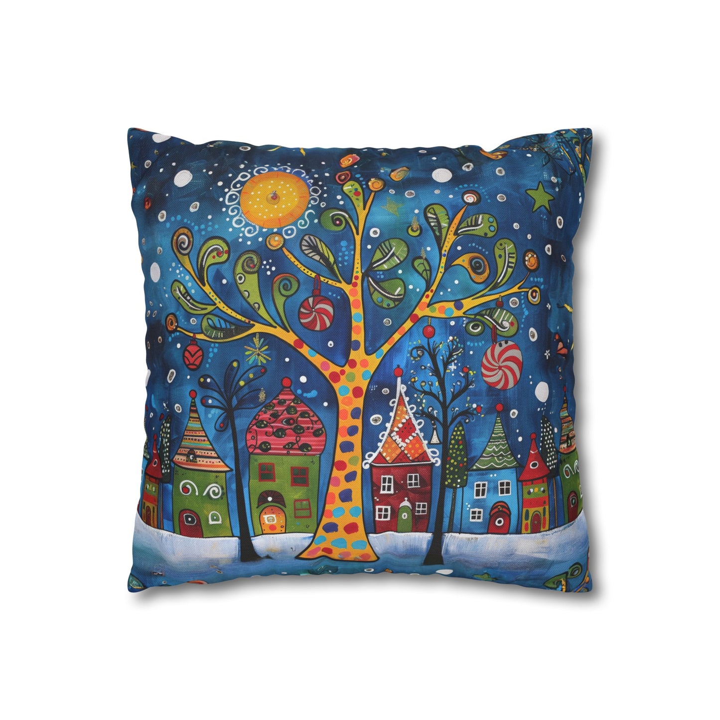 Winter Village Abstract Folk Art Christmas Scene Spun Polyester Square Pillowcase 4 Sizes