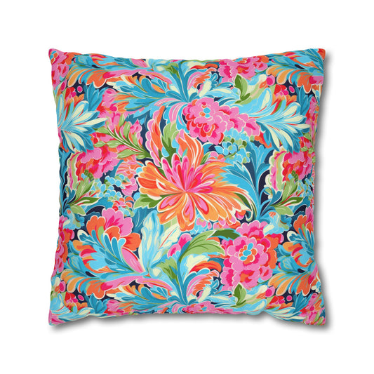 Tropical Radiance: Bursting Summer Blooms in Teal, Orange, and Pink Spun Polyester Square Pillowcase 4 Sizes