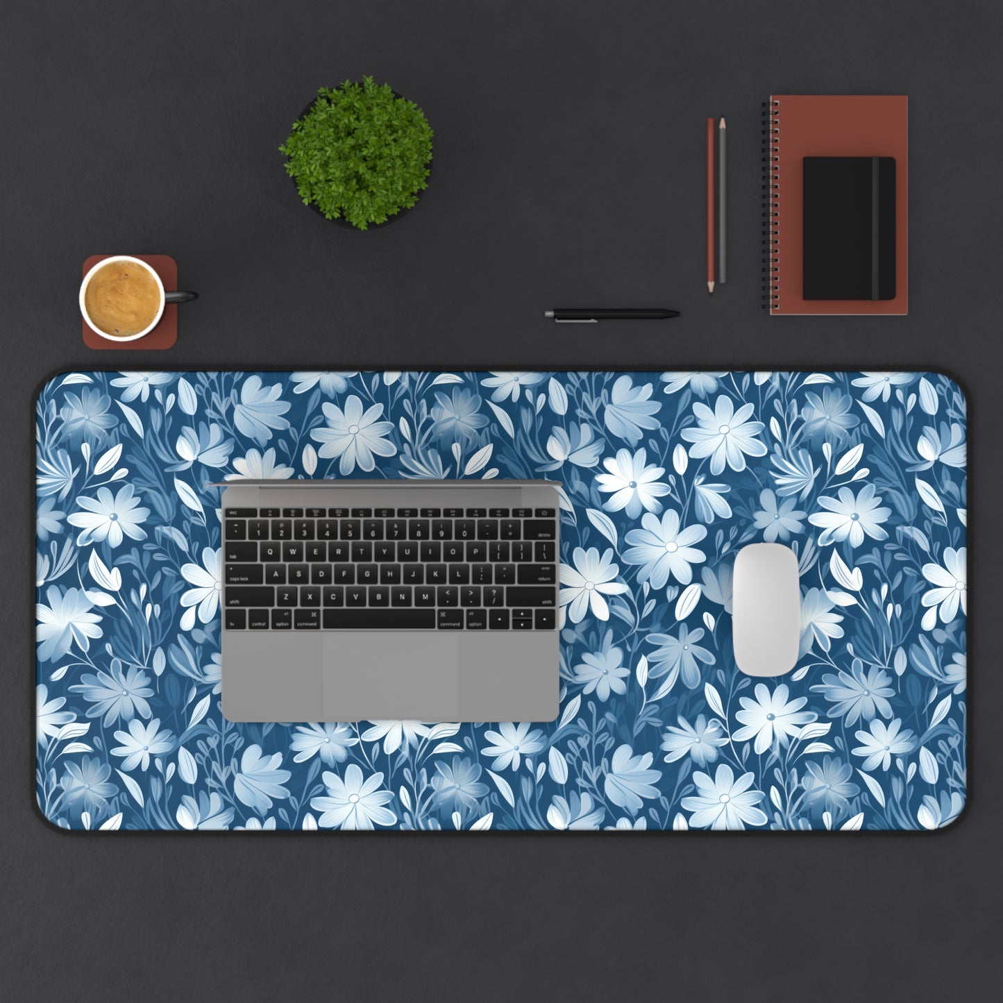 Gentle Elegance: Soft Muted Blue Flower Design - Desk Mat Extended Gaming Mouse Pad 3 Sizes