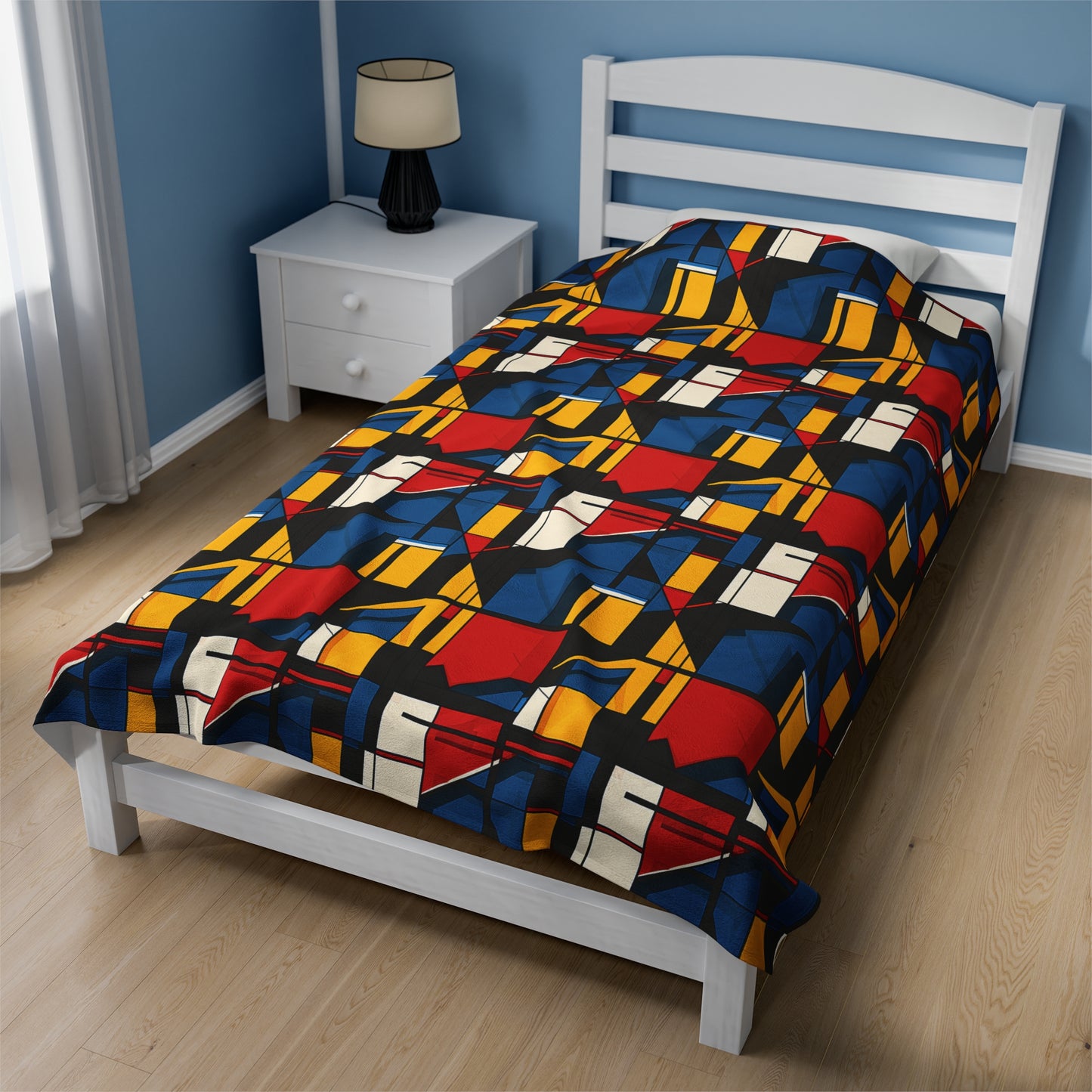 Mondrian-Inspired Bold Primary Colors and Black Lines Abstract Velveteen Plush Blanket 3 Sizes