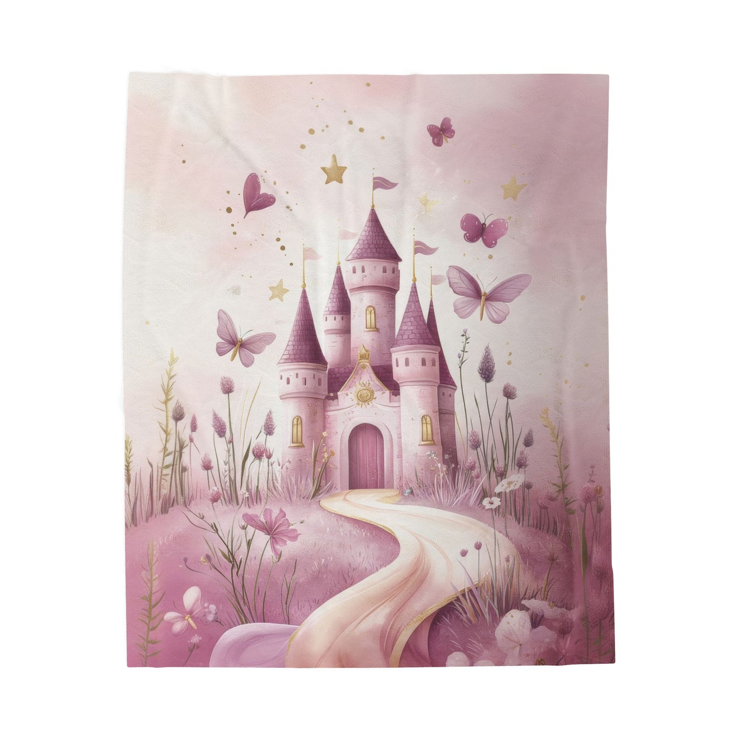 Magical Princess Pink Castle Flowers and Butterflies Velveteen Plush Blanket 3 Sizes