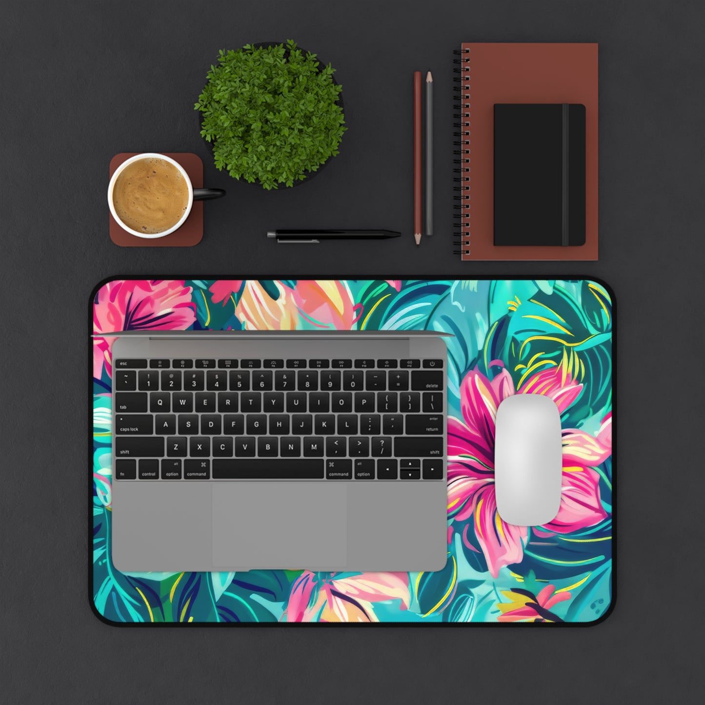 Tropical Garden Lush, Overlapping Flowers in a Dance of Vivid Pinks, Blues, and Yellows Extended Gaming Mouse Pad  Desk Mat  - 3 Sizes