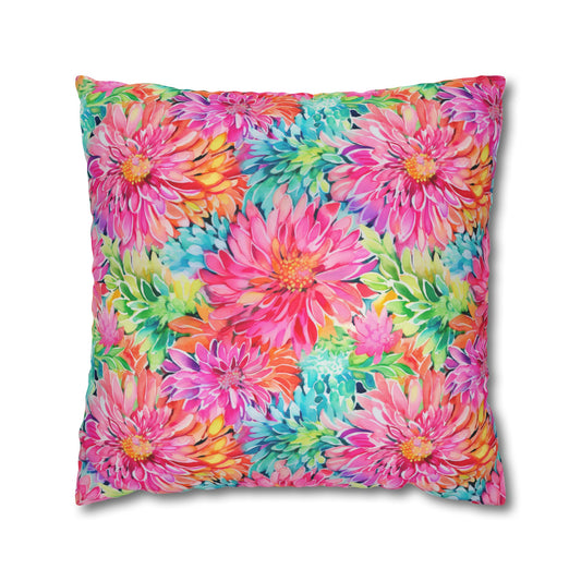 Blooming Spectrum: Large Vibrant Watercolor Flowers in Full Bloom Spun Polyester Square Pillowcase 4 Sizes