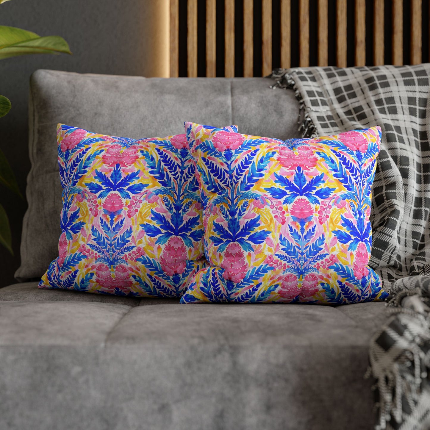 Tropical Watercolor Blooms in Vibrant Pinks and Blues Spun Polyester Square Pillowcase 4 Sizes