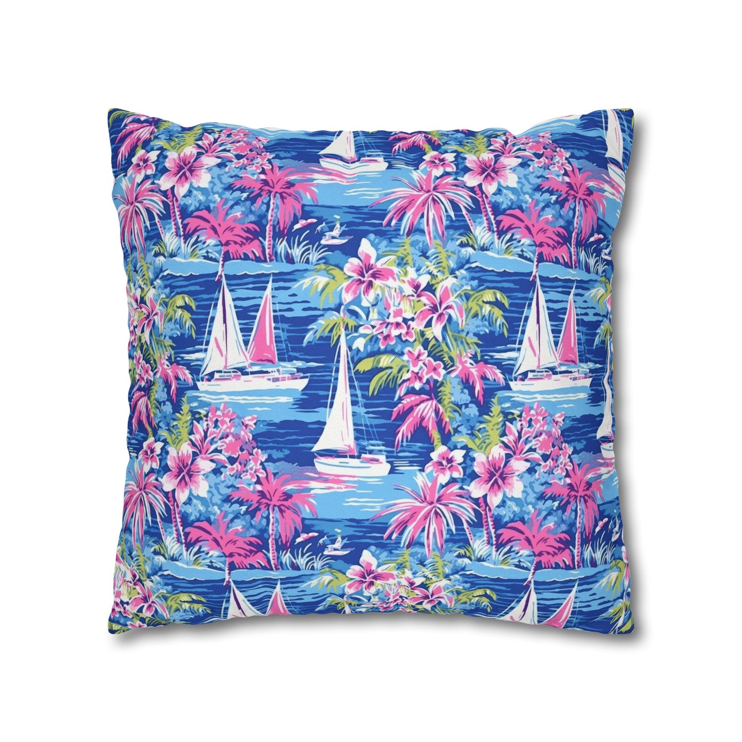 Sailing Tropics: Watercolor Sailboats Amidst Ocean Waves, Tropical Flowers, and Palm Trees Spun Polyester Square Pillowcase 4 Sizes