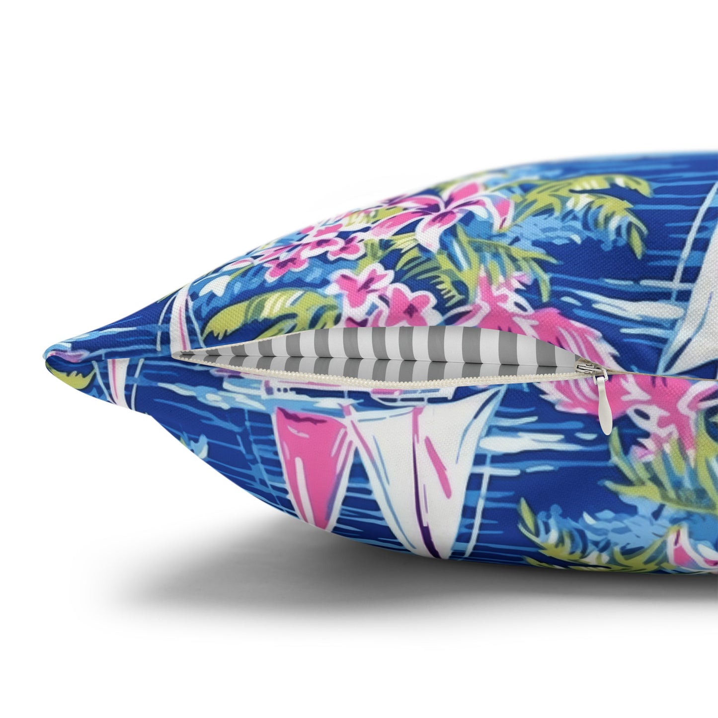 Sailing Tropics: Watercolor Sailboats Amidst Ocean Waves, Tropical Flowers, and Palm Trees Spun Polyester Square Pillowcase 4 Sizes