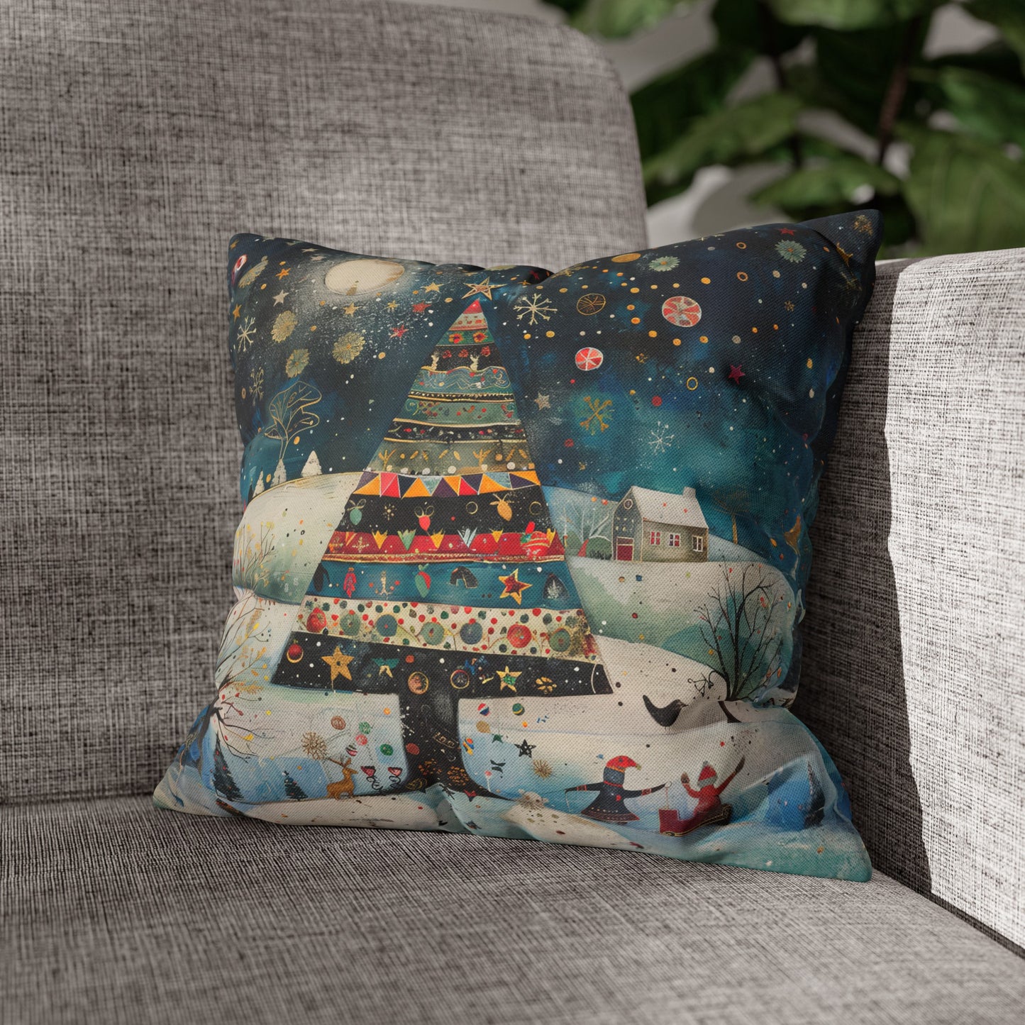 Nighttime Delights: Folk Art Christmas Tree Illuminating a Town, with Joyful Children Playing Below Spun Polyester Square Pillowcase 4 Sizes