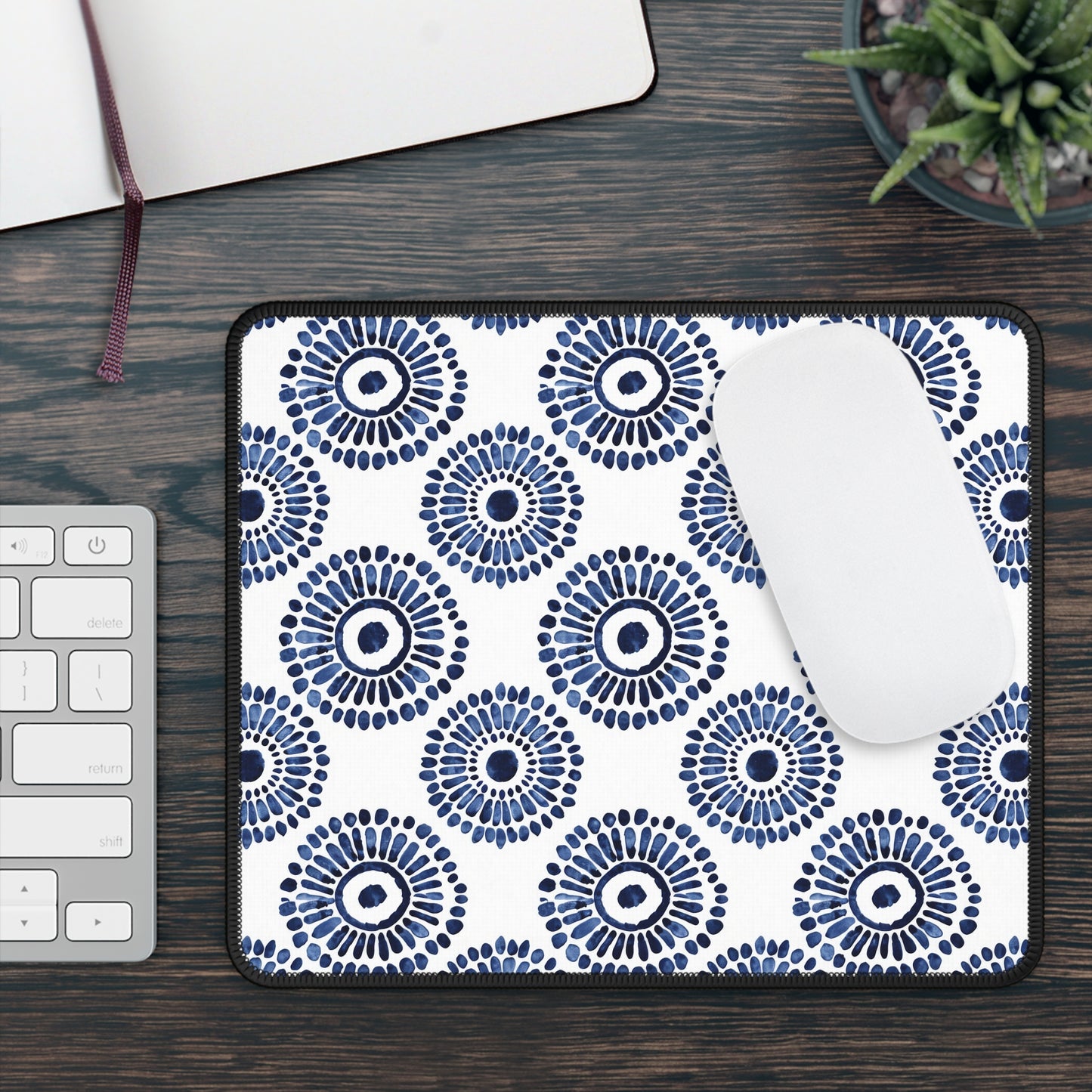 Indigo Sunburst Simple Folk-Inspired Dot Pattern Design Gaming Mouse Pad with Finished Edges