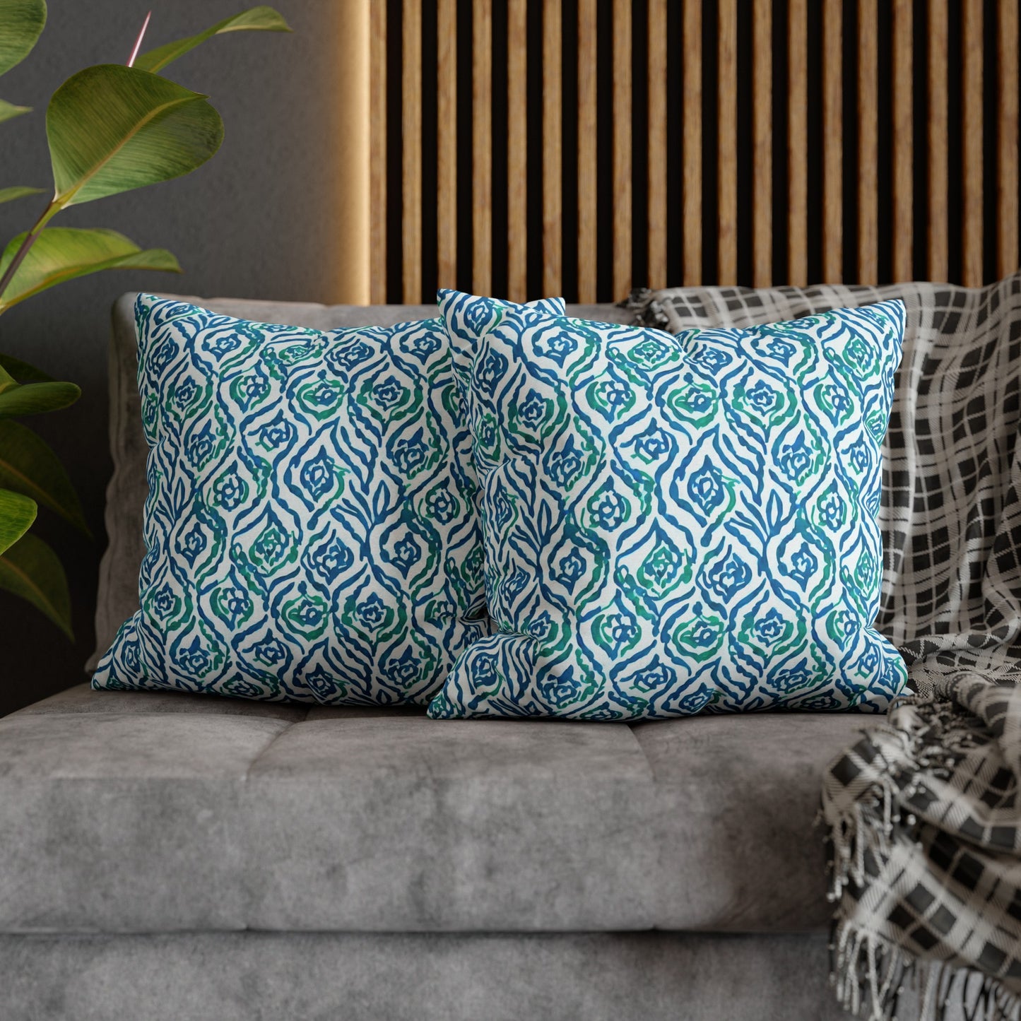 Cool Breeze Elegance: Abstract Damask Pattern in Green and Blue Spun Polyester Square Pillowcase 4 Sizes