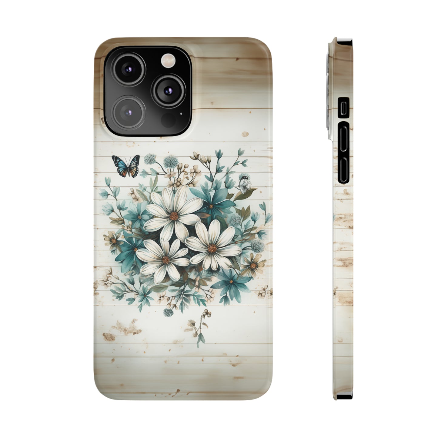 Rustic Charm Bouquet featuring Teal Accents White Wild Daisies with Butterflies  Iphone 15-12 Slim Phone Case