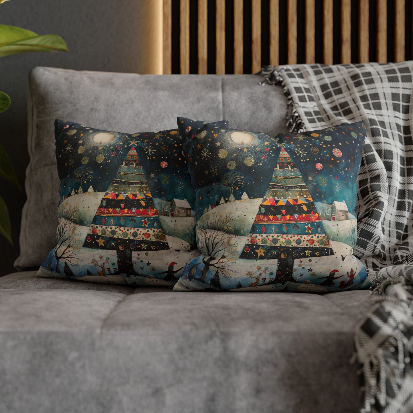 Nighttime Delights: Folk Art Christmas Tree Illuminating a Town, with Joyful Children Playing Below Spun Polyester Square Pillowcase 4 Sizes