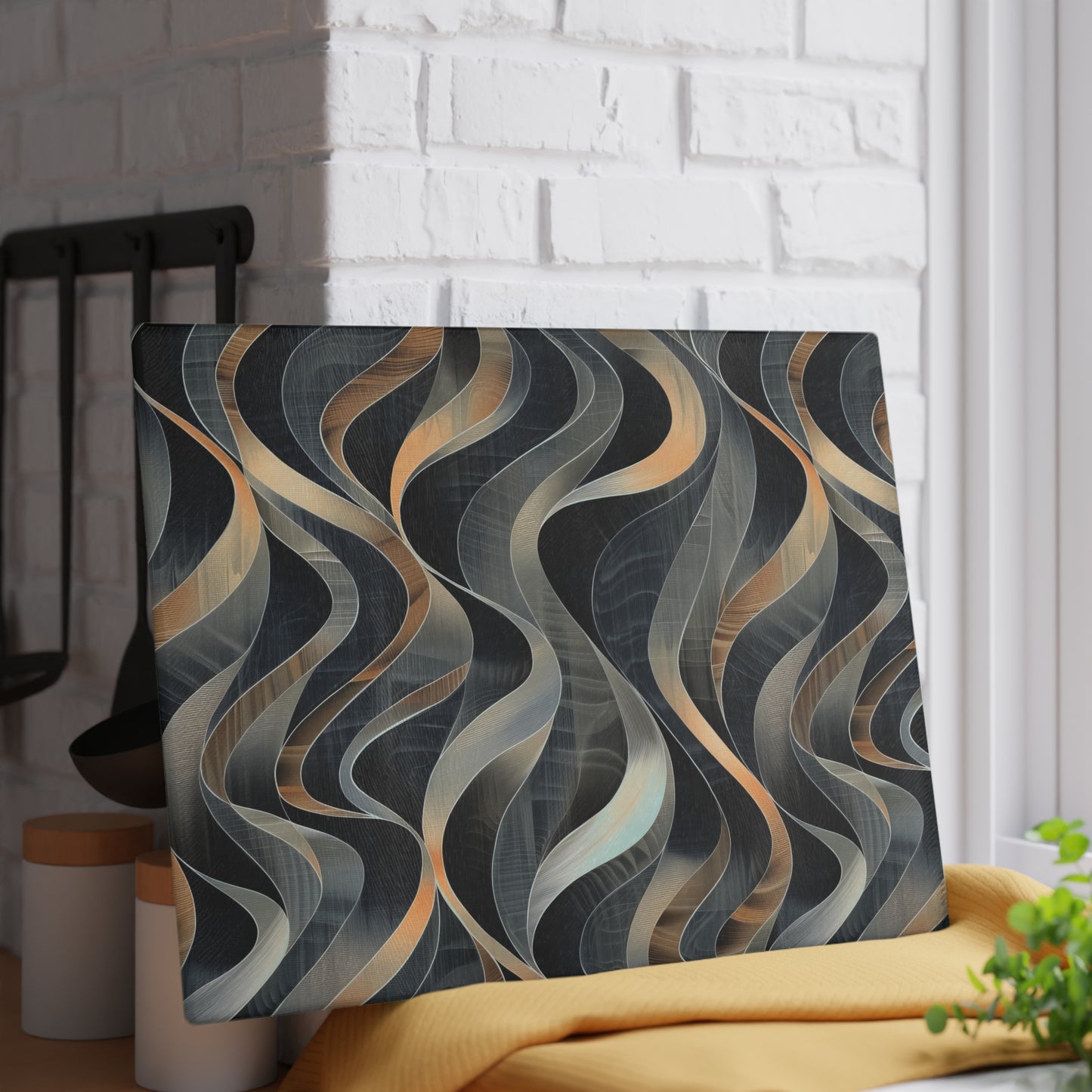 Artistic Fusion of Wavy Lines in a Palette of Silver, Gold, and Dark Hues Cutting Board 2 Sizes