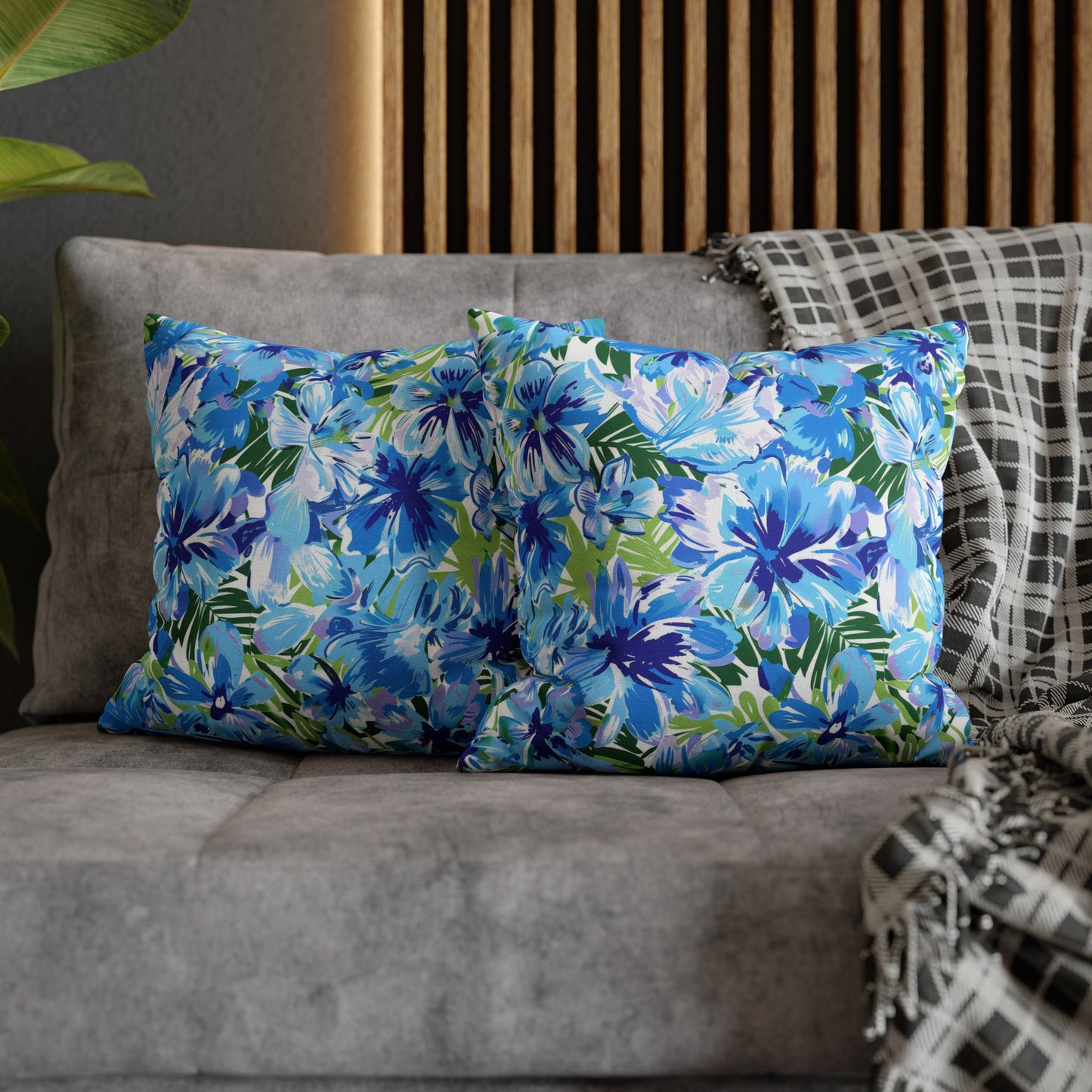 Azure Bloom Oasis: Bright Blue Large Flowers with Lush Green Palm Leaves Spun Polyester Square Pillowcase 4 Sizes