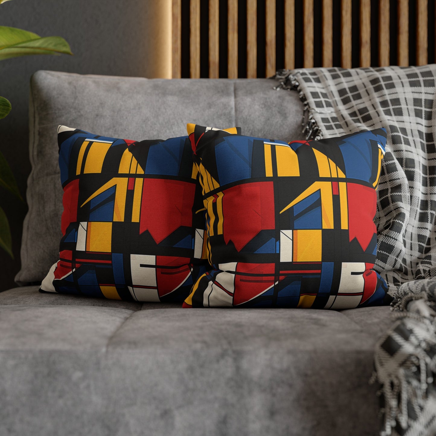 Mondrian-Inspired Bold Primary Colors and Black Lines Abstract Spun Polyester Square Pillowcase 4 Sizes