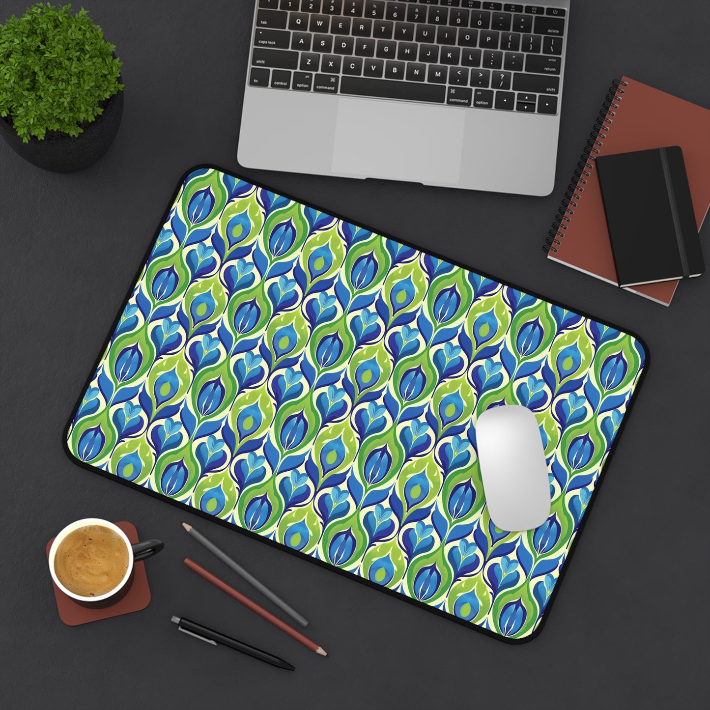 Retro Vibrant Peacock Blue and Green Floral Design Extended Gaming Mouse Pad  Desk Mat  - 3 Sizes