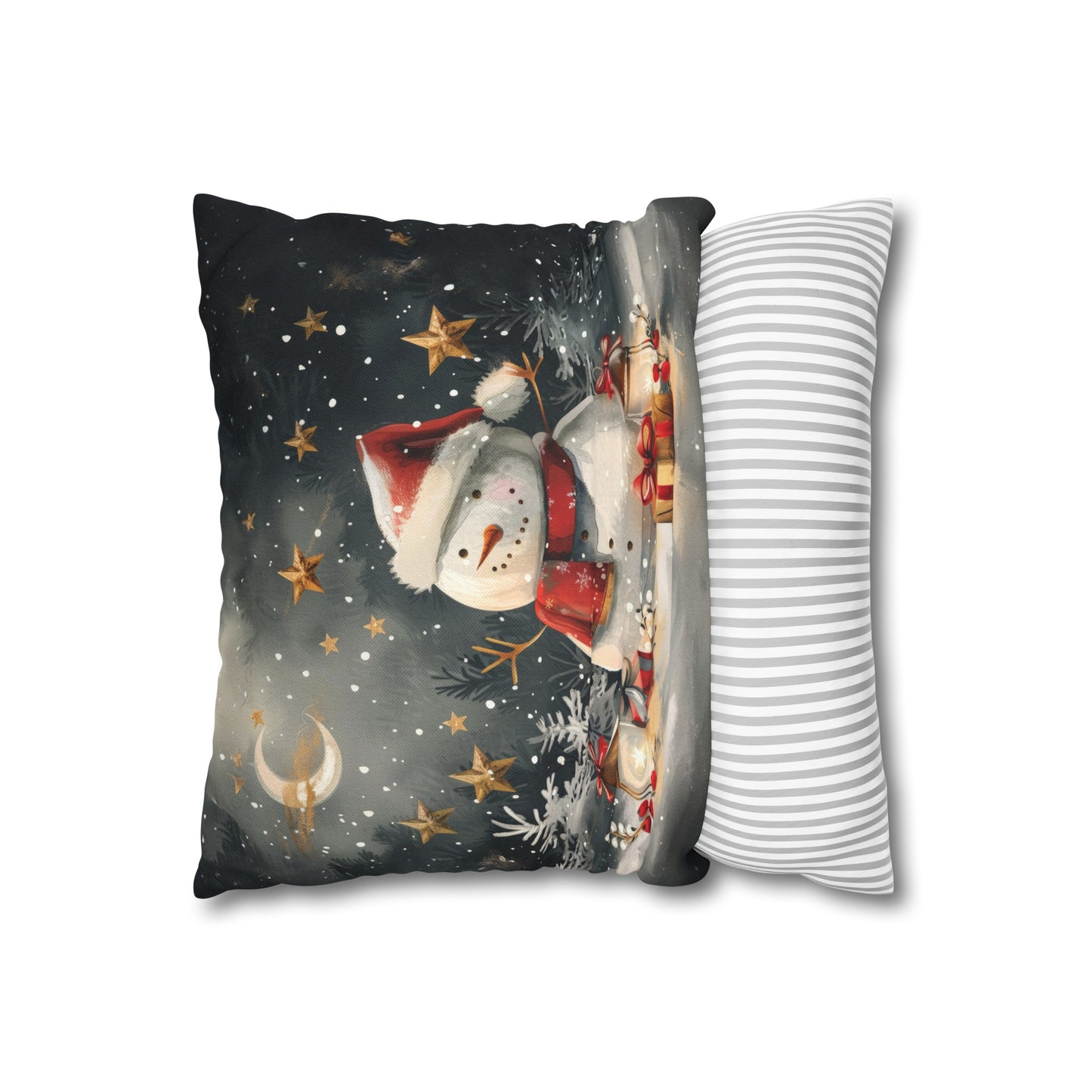 Snowman Beneath a Canopy of Stars, Surrounded by Presents Spun Polyester Square Pillowcase 4 Sizes