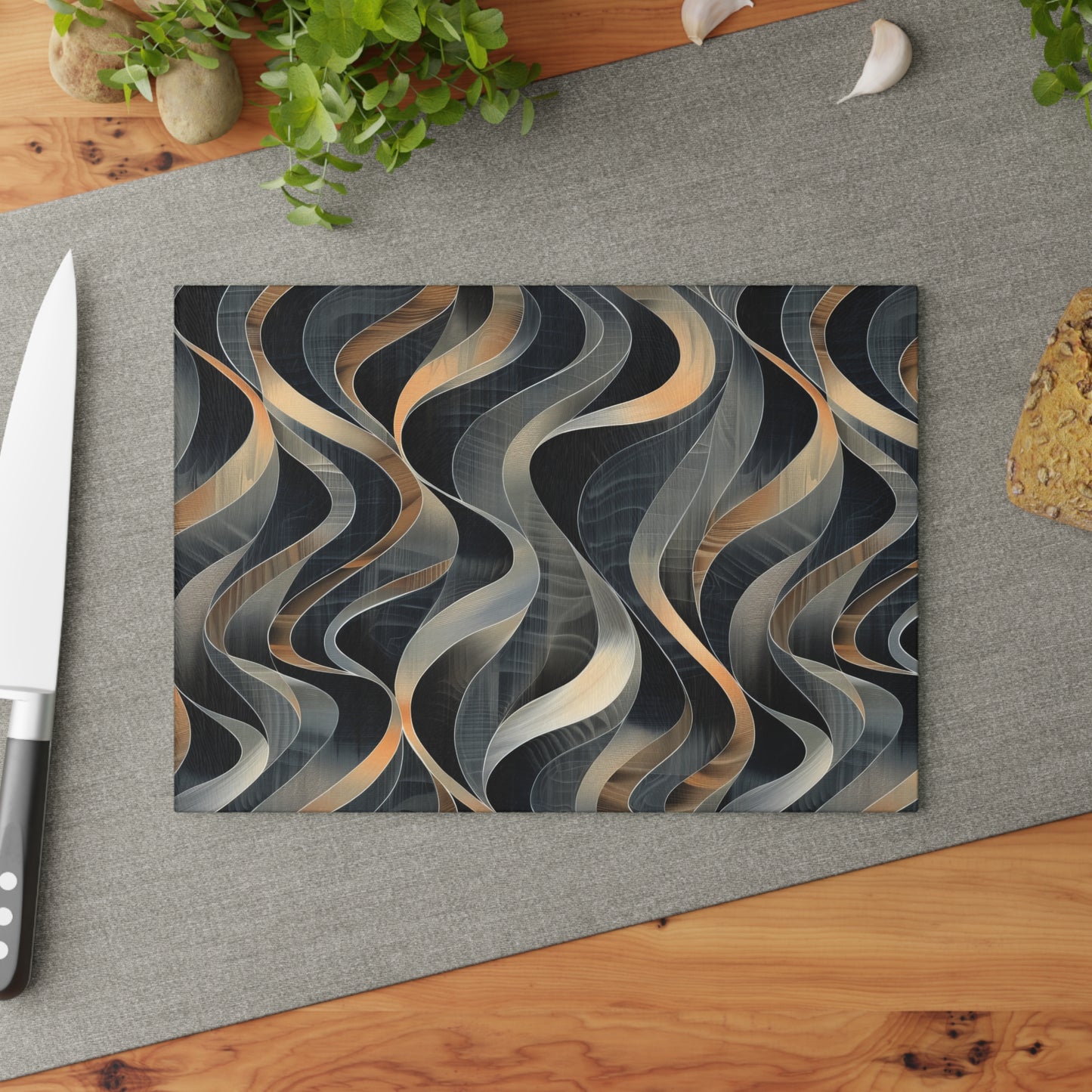 Artistic Fusion of Wavy Lines in a Palette of Silver, Gold, and Dark Hues Cutting Board 2 Sizes