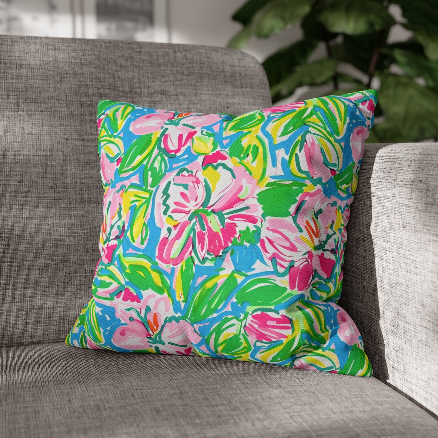 Whispering Meadows: Pink Blossoms, Lush Green Leaves, and Accents of Yellow and Blue Spun Polyester Square Pillowcase 4 Sizes