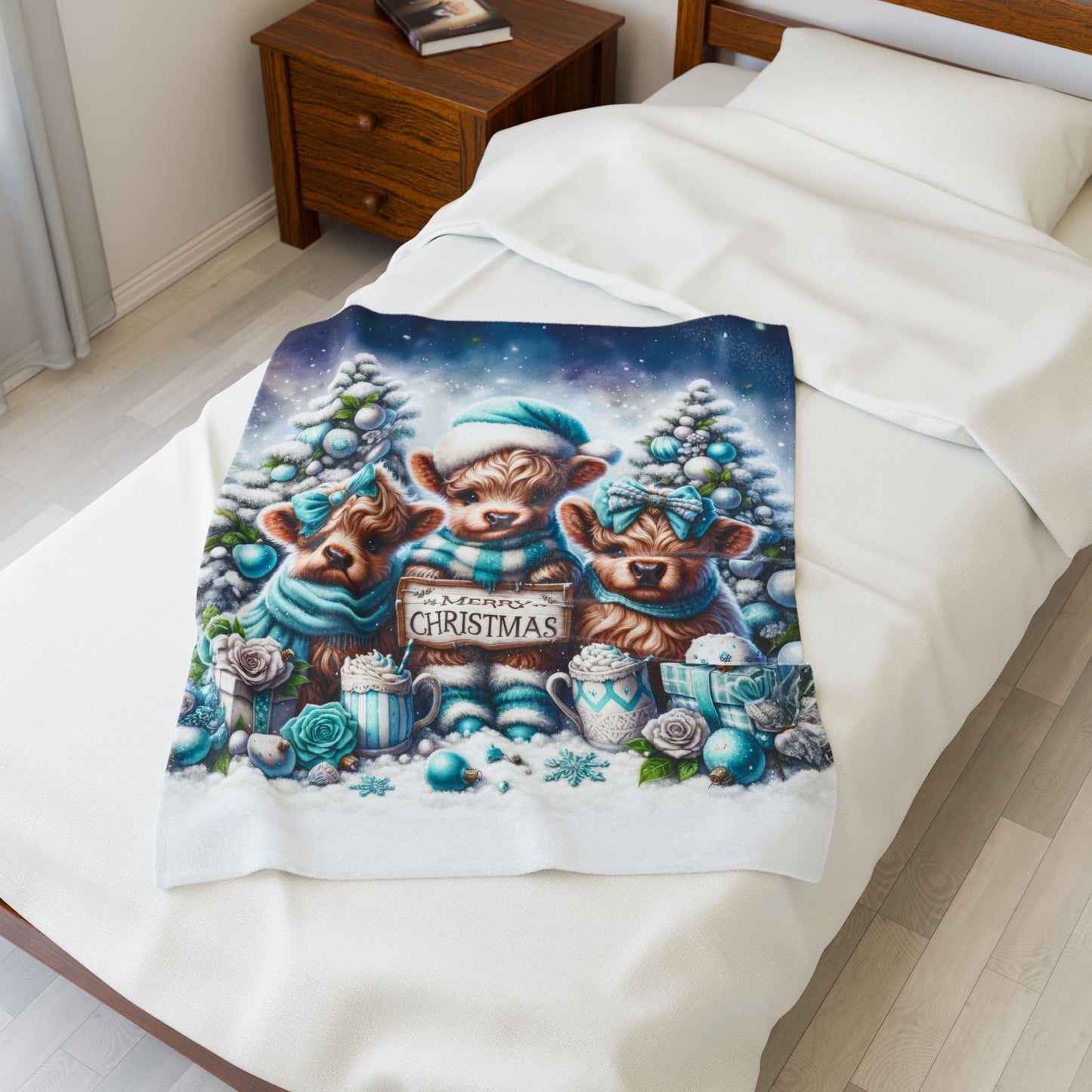 Baby Highland Cows Teal Merry Christmas Velveteen Plush Blanket 3 Sizes