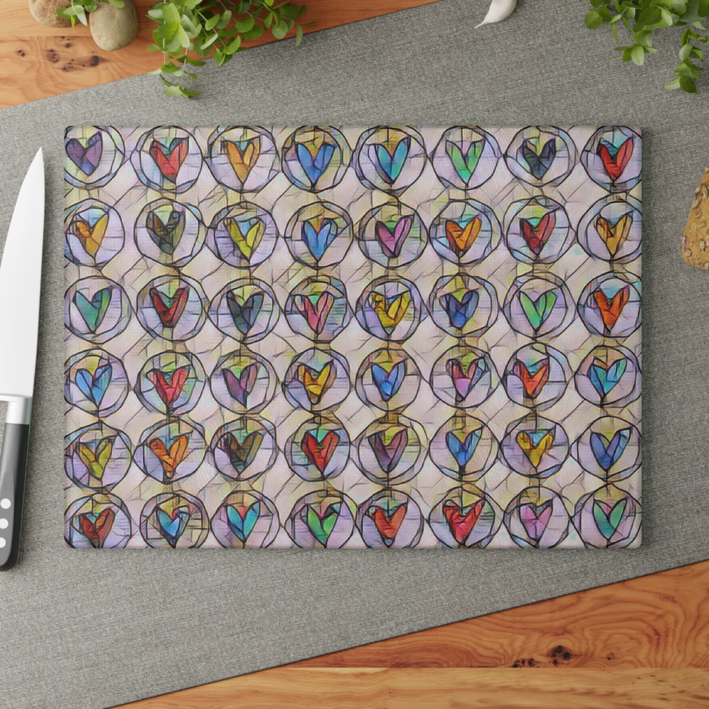 Stain Glass Circle Hearts  - Glass Cutting Board  8" x 11" and 11" x 15"