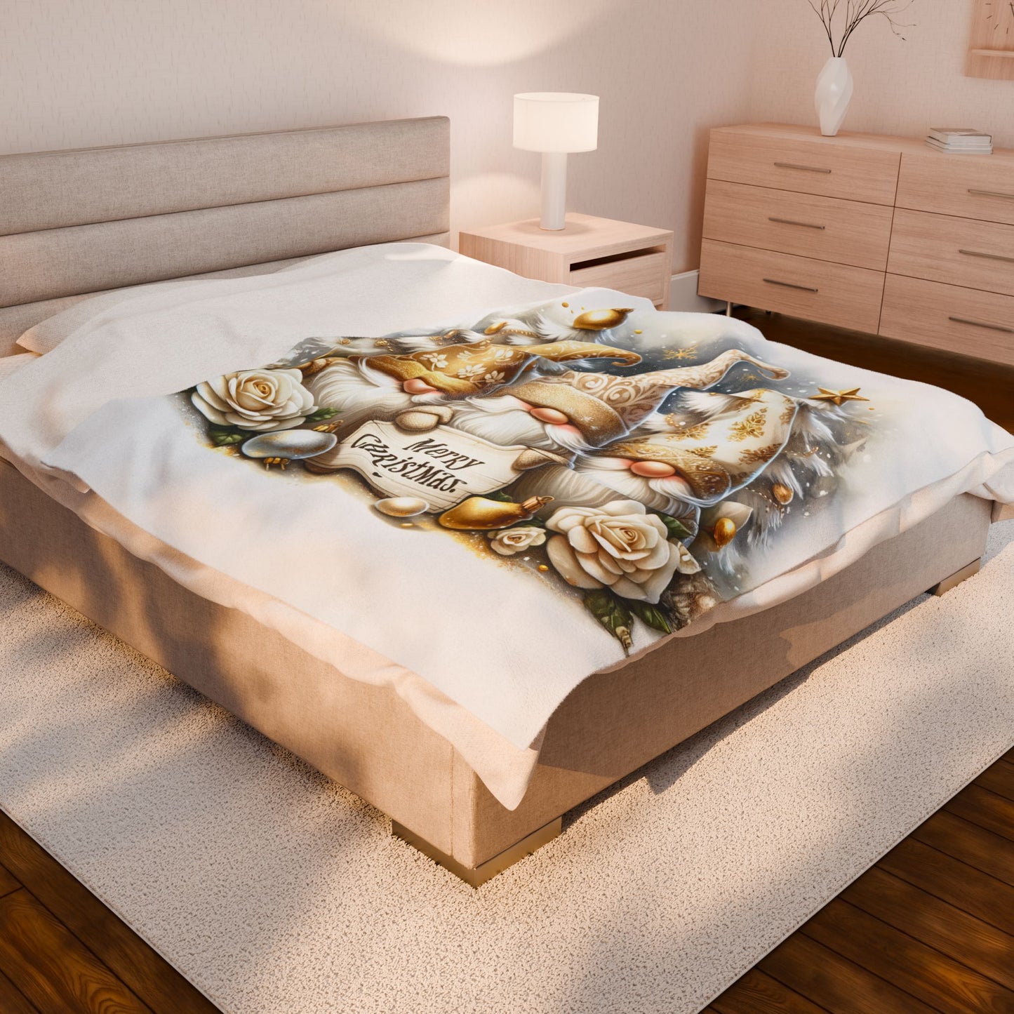 Gnomes Golden Merry Christmas Velveteen Plush Blanket 3 Sizes