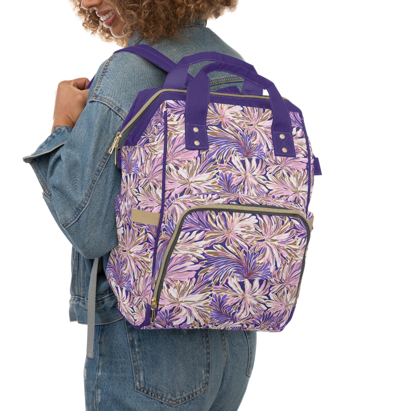 Gilded Blooms: Purple, Pink, and Gold Abstract Watercolor Flowers Multifunctional Diaper Backpack