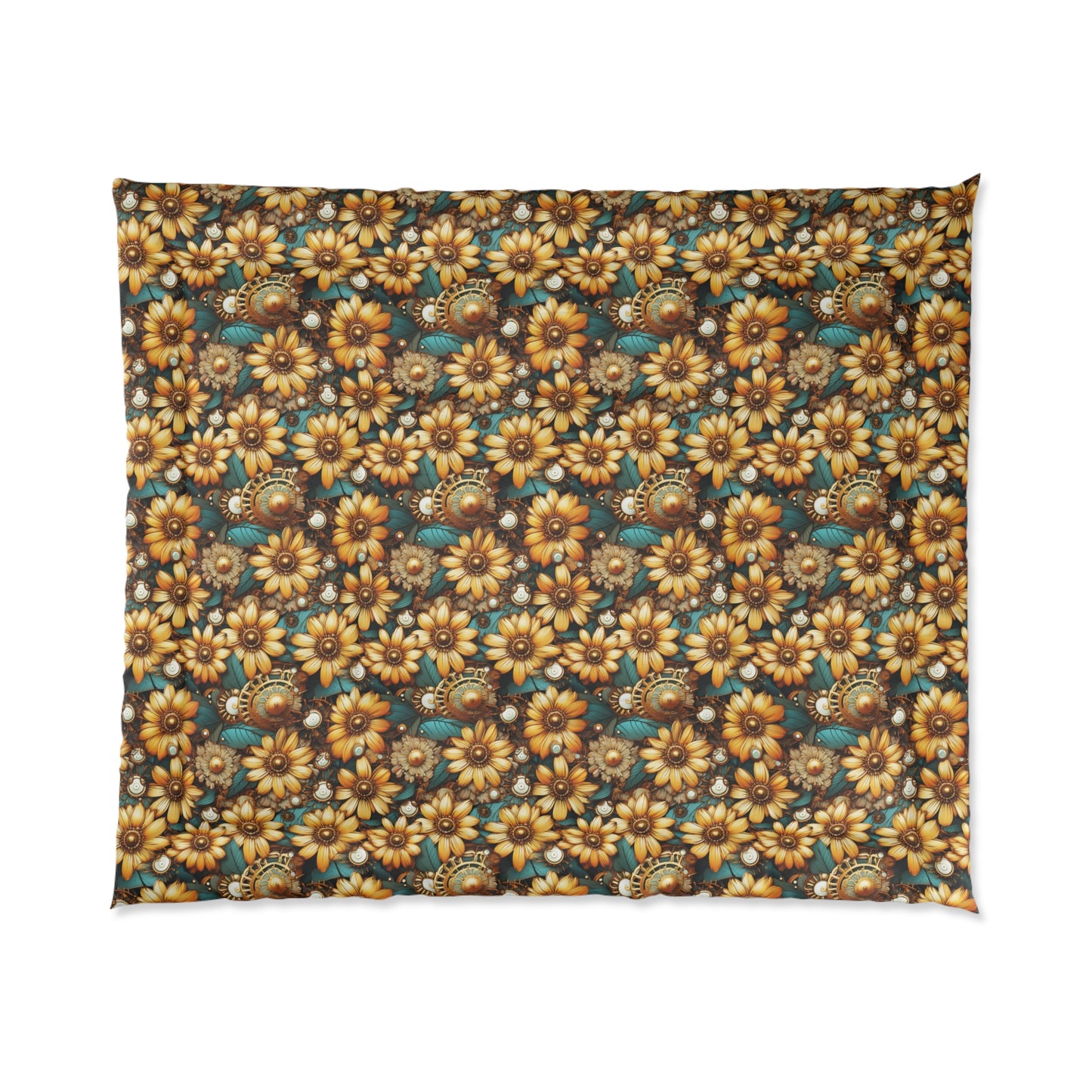 Victorian Steampunk Gold Flowers Teal Background with Gears and Mechanical Elements - Comforter 4 Sizes