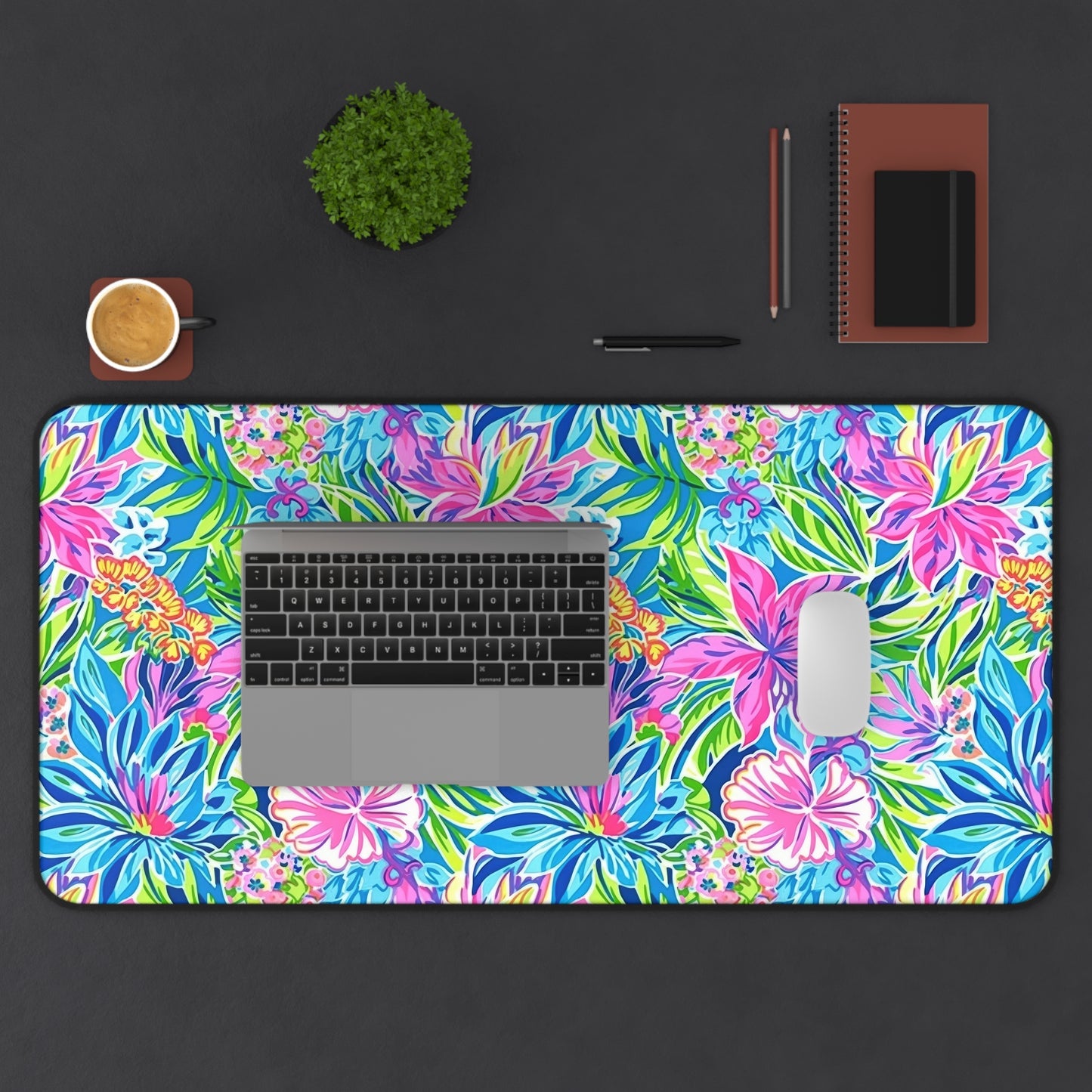 Summer Harmony: Pink and Blue Blooms with Lush Green Leaves  Desk Mat Extended Gaming Mouse Pad - 3 Sizes