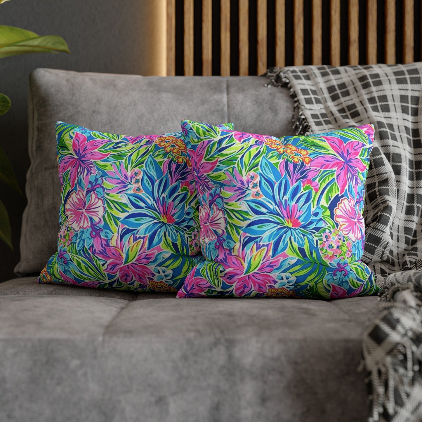 Summer Harmony: Pink and Blue Blooms with Lush Green Leaves Spun Polyester Square Pillowcase 4 Sizes