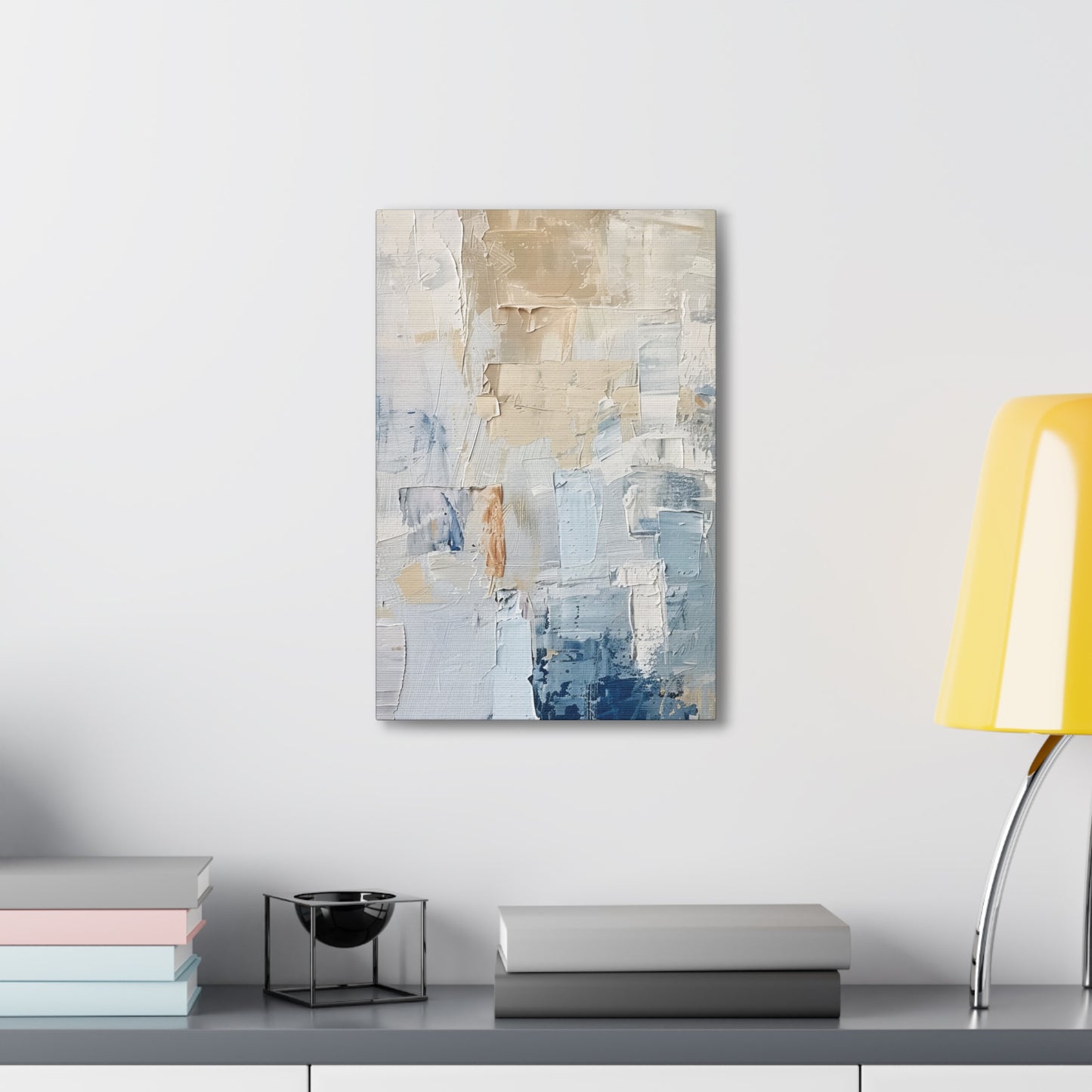 Bold Contrasts Abstract Tan, Grey and Blue Color Blocking with Heavy Strokes Print on Canvas Gallery - 13 Sizes