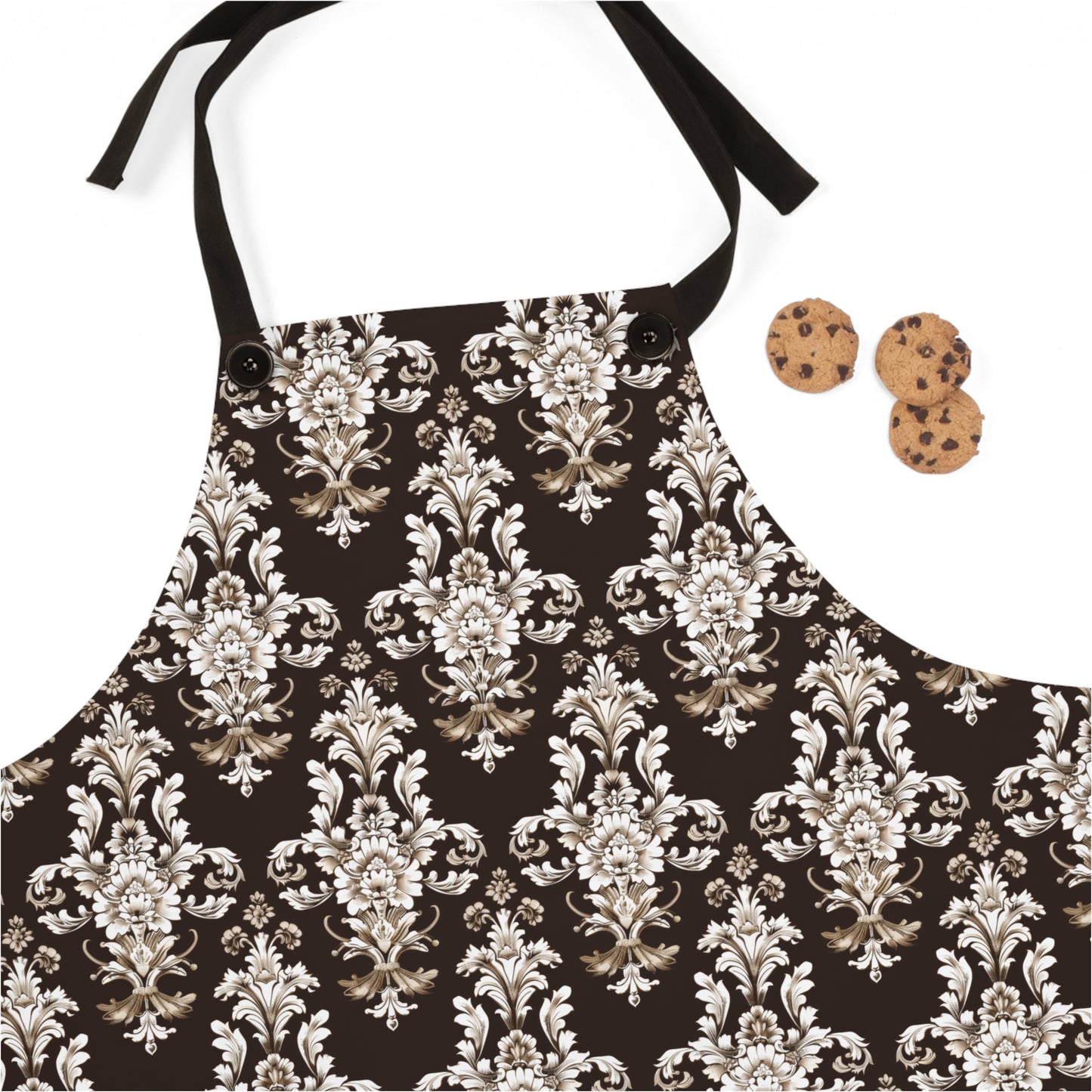 Elegant Rococo Pattern of Intricate Brown and White Floral Scroll Design Kitchen Chef Apron