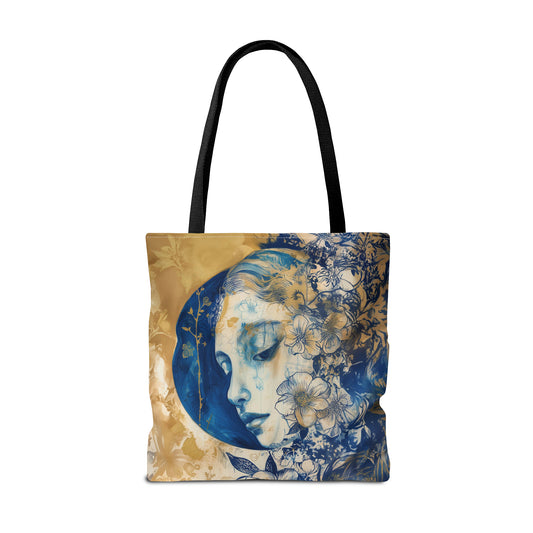 Moonlit Reverie: Vintage Scene of a Woman Amidst a Blue Floral Garden, Gazing at the Moon Canvas Tote Bag - 3 Sizes