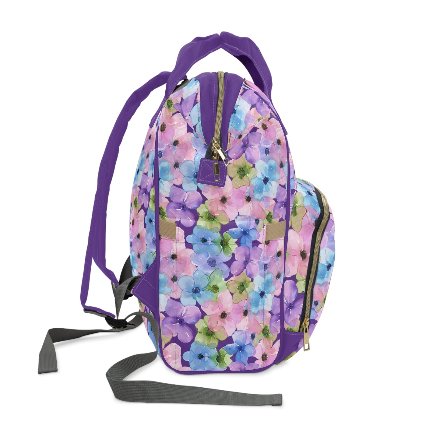 Dreamy Blooms: Large Pastel Pink, Purple, and Blue Flowers Multifunctional Diaper Backpack