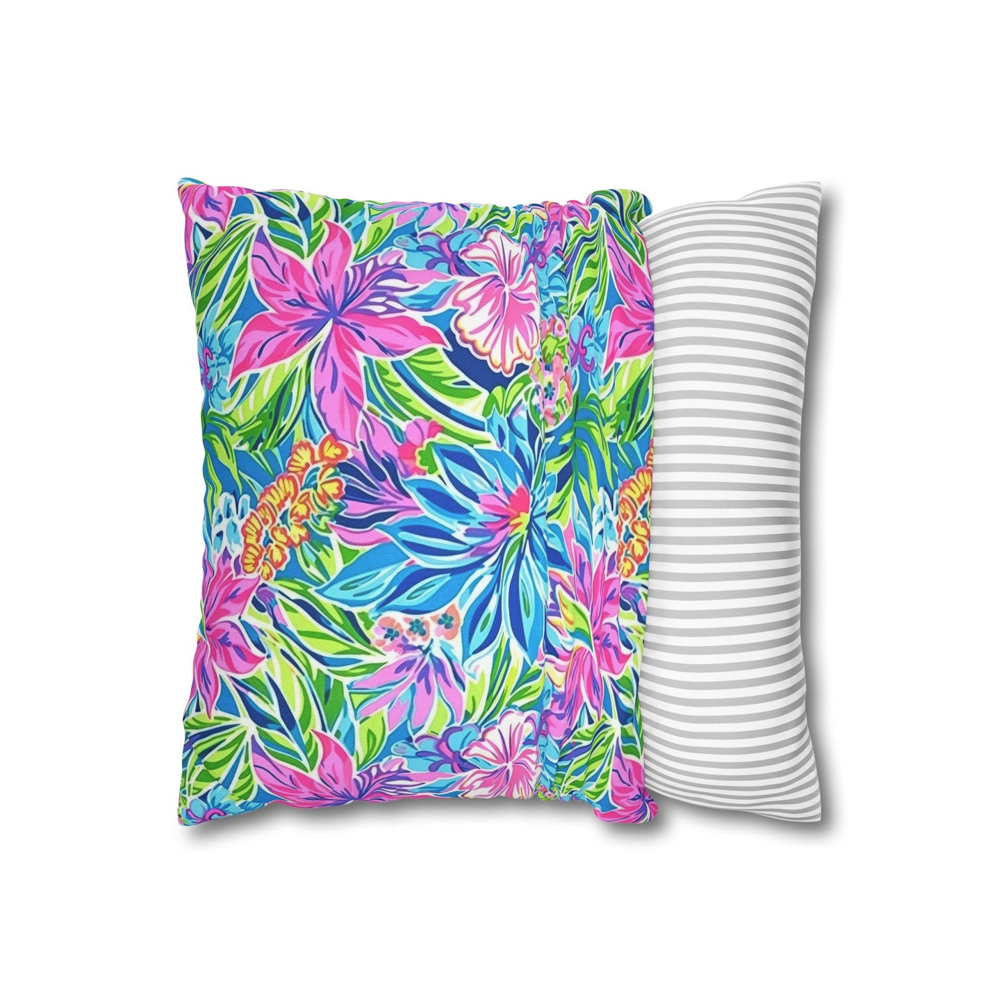 Summer Harmony: Pink and Blue Blooms with Lush Green Leaves Spun Polyester Square Pillowcase 4 Sizes