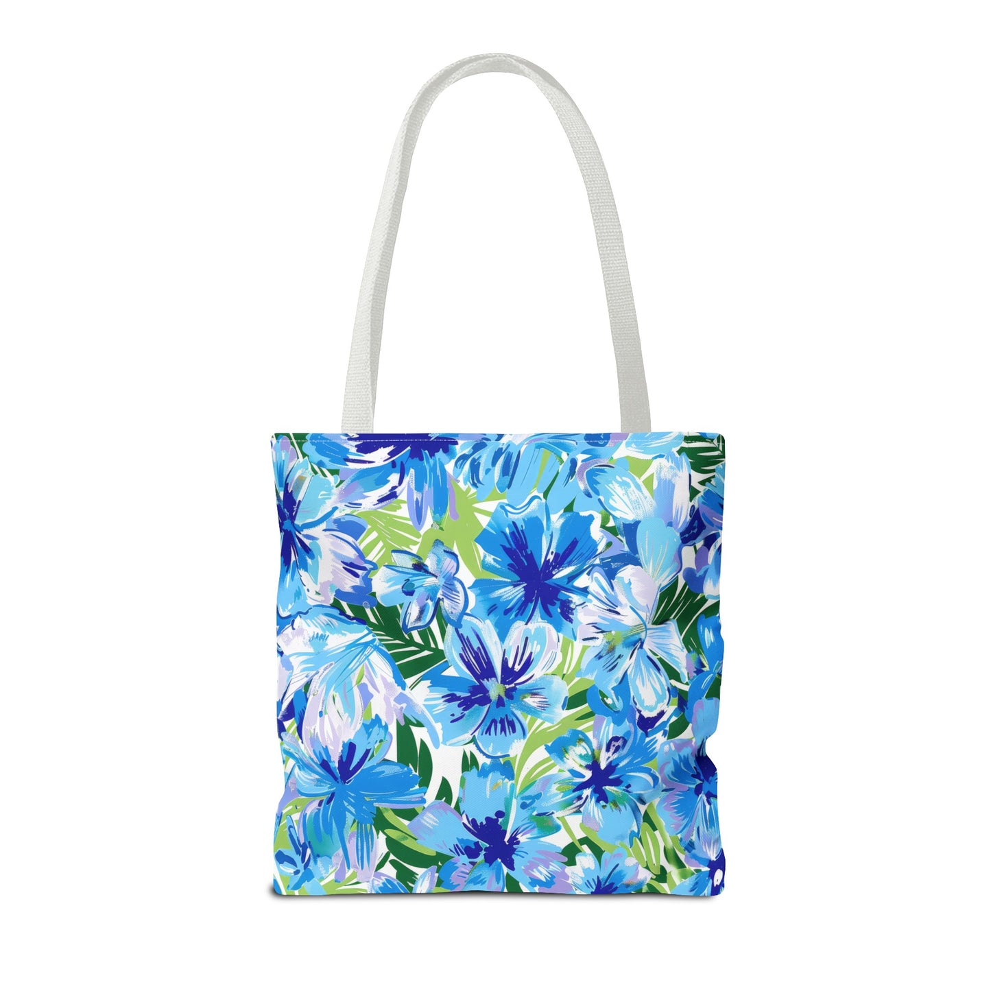 Azure Bloom Oasis: Bright Blue Large Flowers with Lush Green Palm Leaves  Canvas Tote Bag 3 Sizes