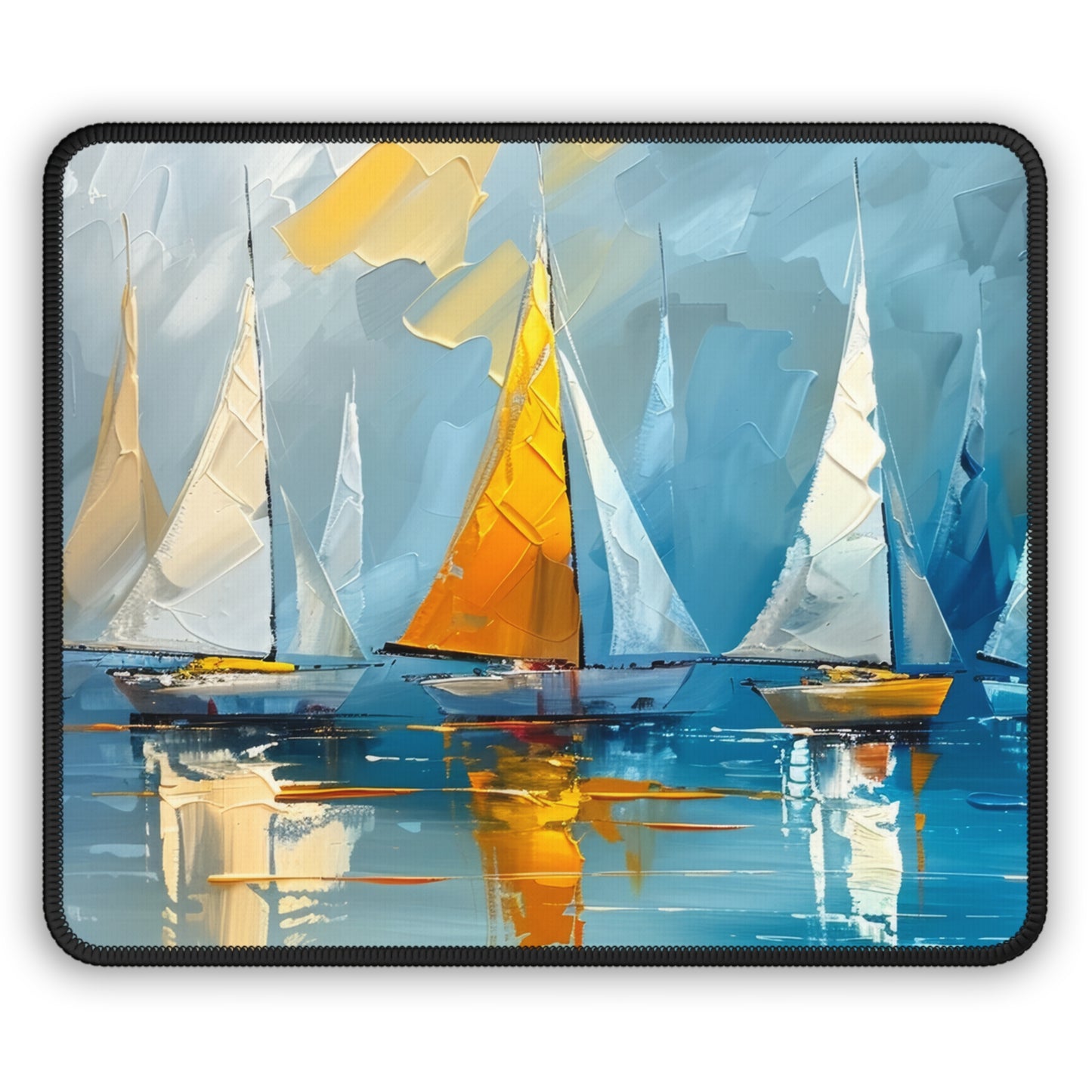 Sailboats Gliding on the Open Sea, Bathed in the Warm Glow of the Setting Sun Gaming Mouse Pad with Finished Edges