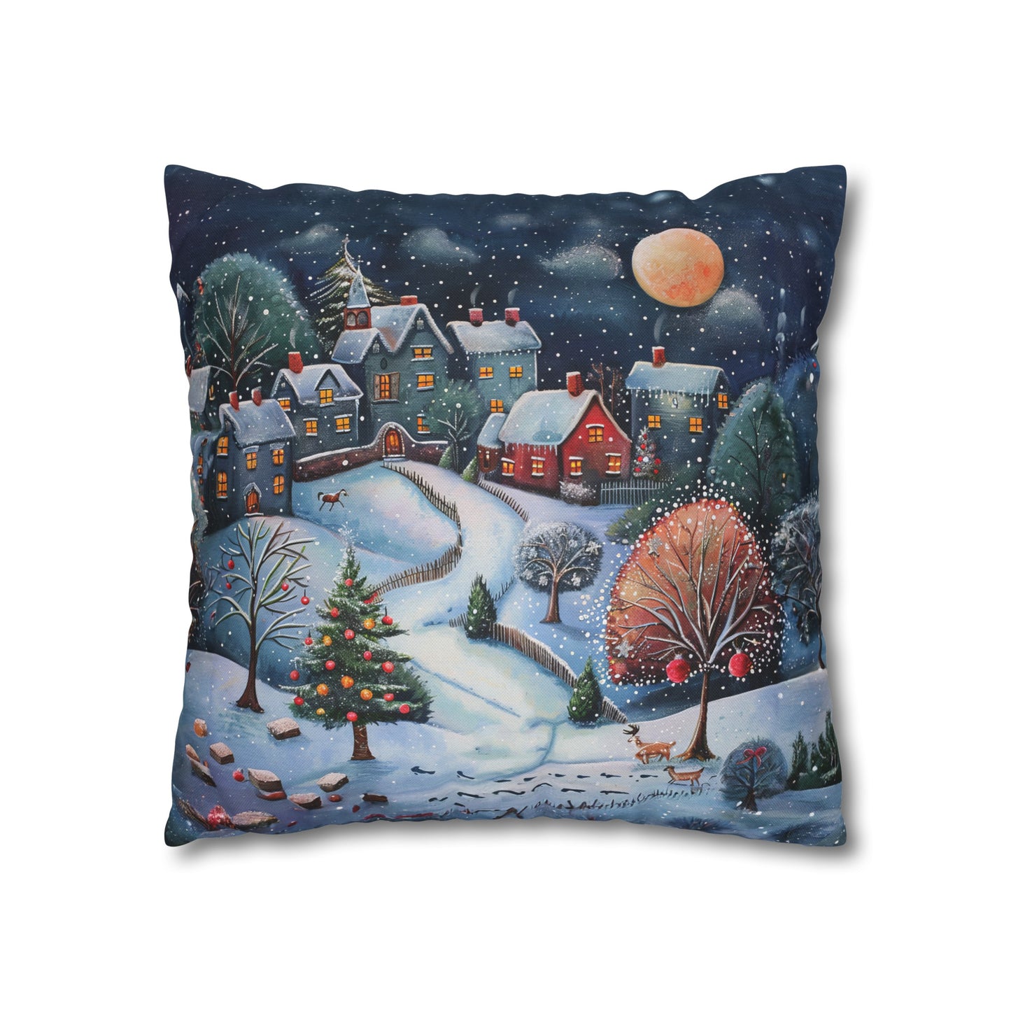 Snowy Serenade: Town at Winter Night with Reindeer Amidst the Snow  Spun Polyester Square Pillowcase 4 Sizes