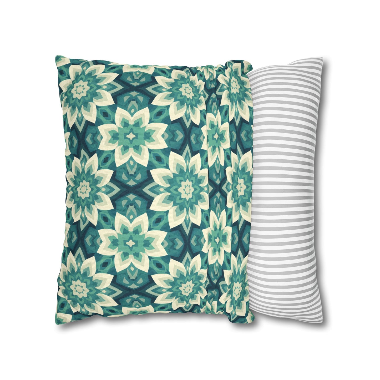 Intricate Aqua and Teal Mandala Floral Pattern Spun Polyester Square Pillowcase 4 Sizes