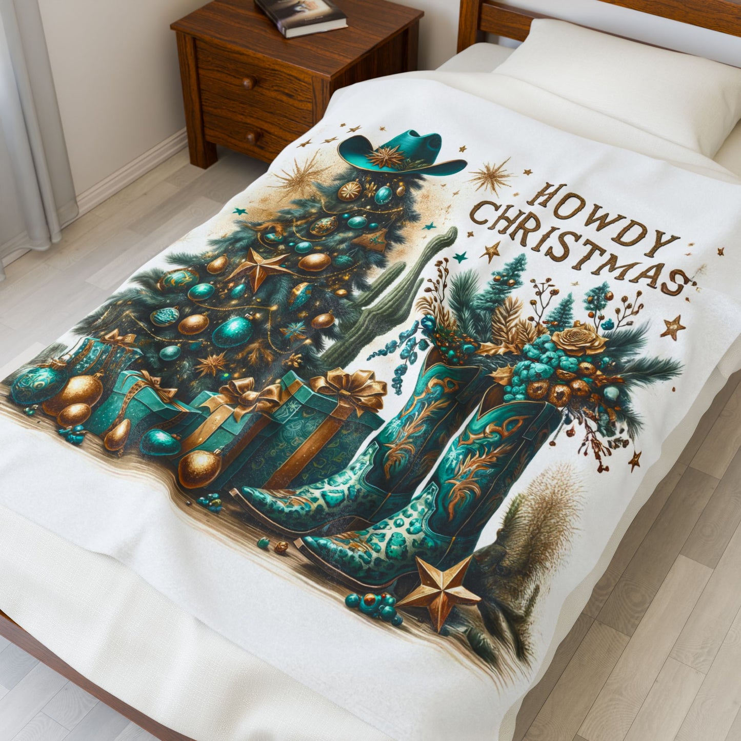 Country Western Howdy Christmas Green and Gold Sparkle Velveteen Plush Blanket 3 Sizes