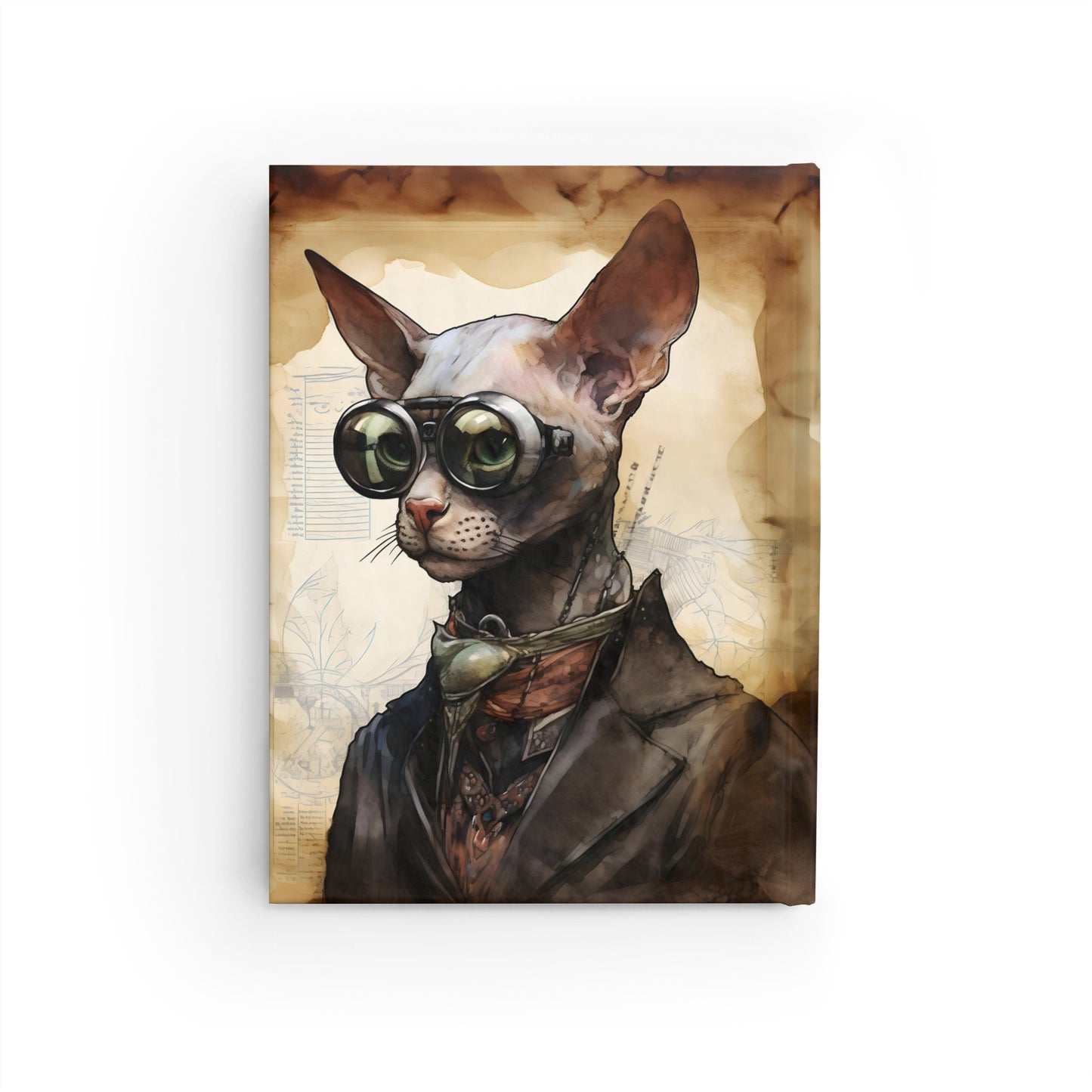 Steampunk Vintage Dressed Hairless Cat with Goggles - Hardcover Ruled Line Journal 5" x 7"