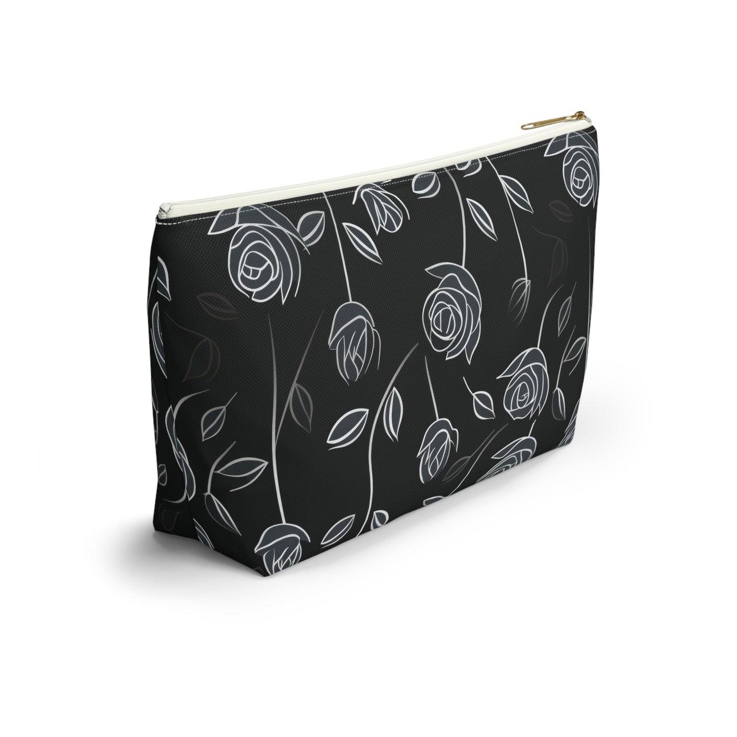 Contrasting Elegance: White Outlined Roses on a Black Background  - Makeup & Accessory Bag 2 Sizes