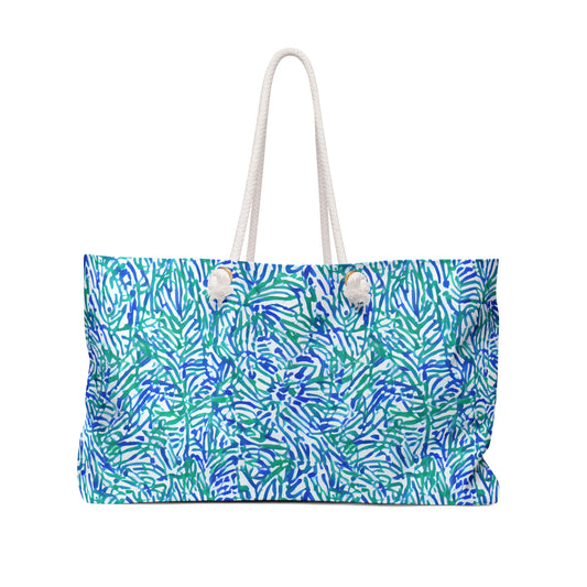 Tropical Fusion: Abstract Palm Leaves in Lime Green and Blue Hues Oversized Weekender Bag