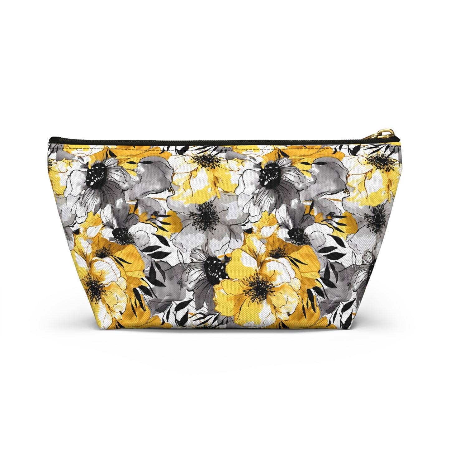 Soothing Radiance: Large Yellow and Grey Watercolor Flower Design - Makeup & Accessory Bag 2 Sizes